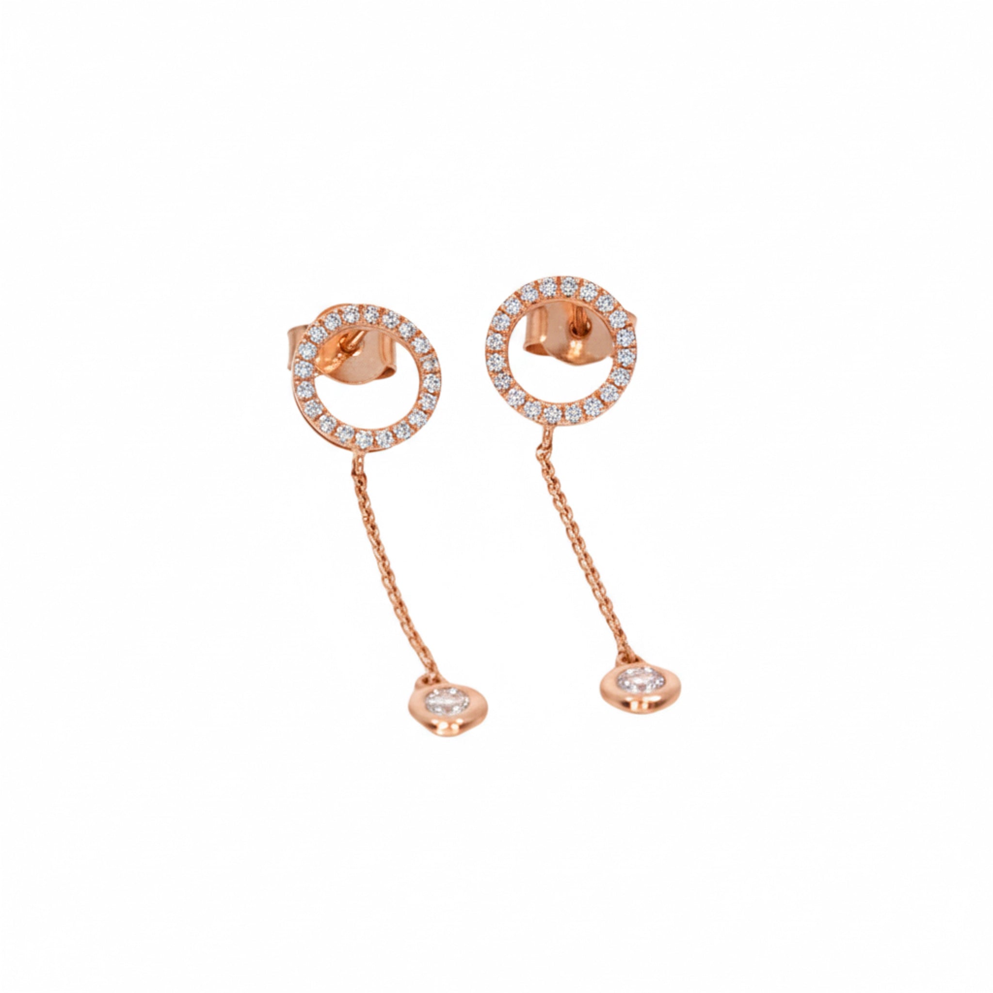 Delicate certified diamond earrings featuring bezel set diamonds on fine chains in 18ct rose gold.