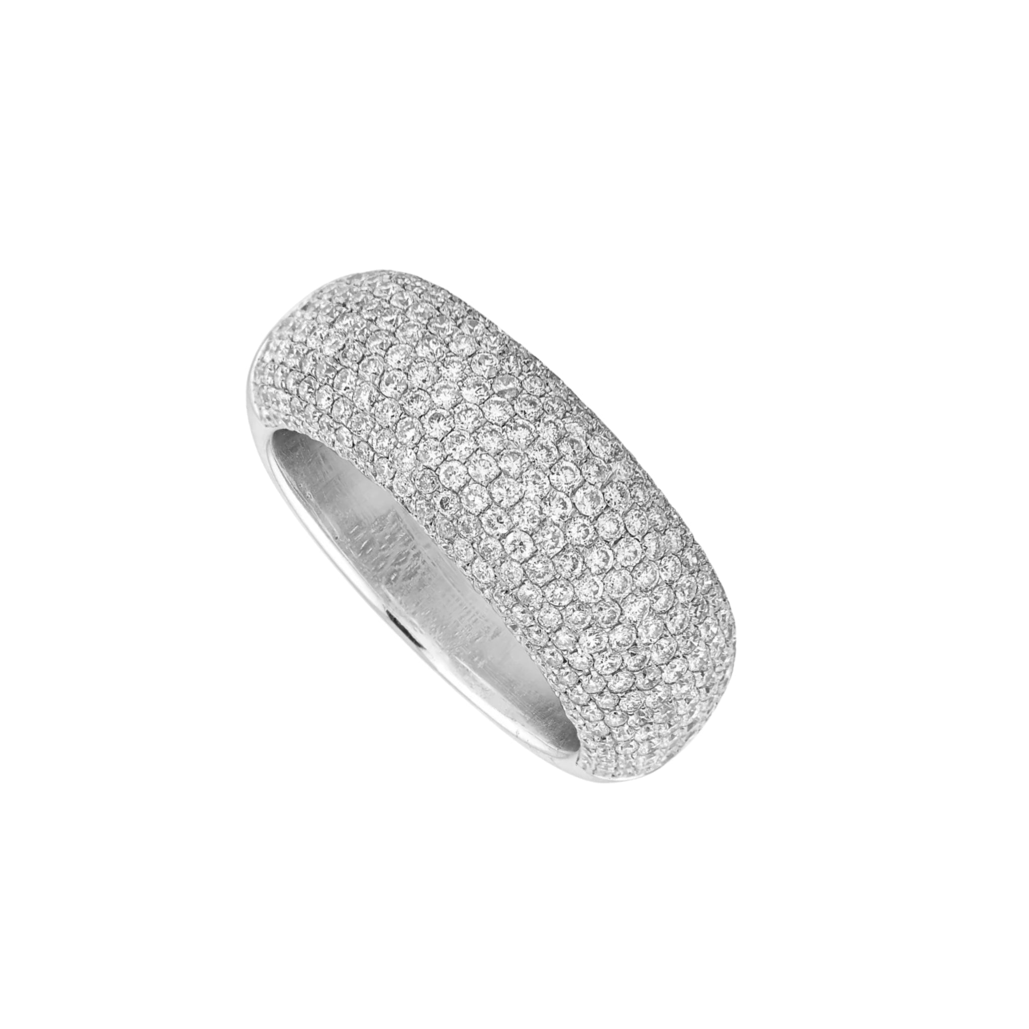A pavé diamond ring with a textured, rounded dome like top and a smooth polished band, shown on a plain white background.