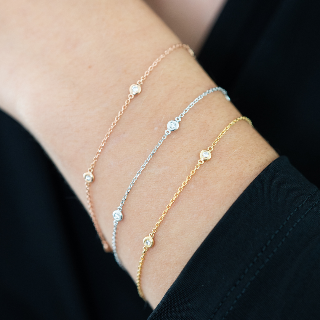 Constellation bracelet set in 18ct gold featuring certified diamond bracelet and diamond bangle worn on wrist.