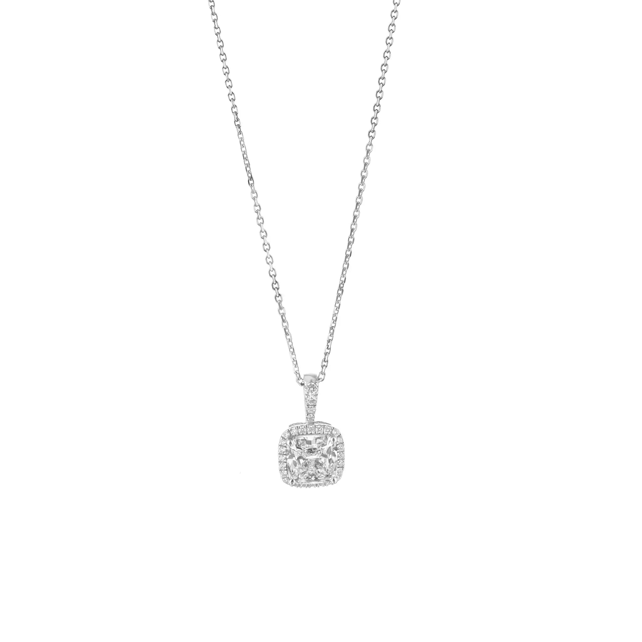 White gold necklace with a diamond pendant on a white background