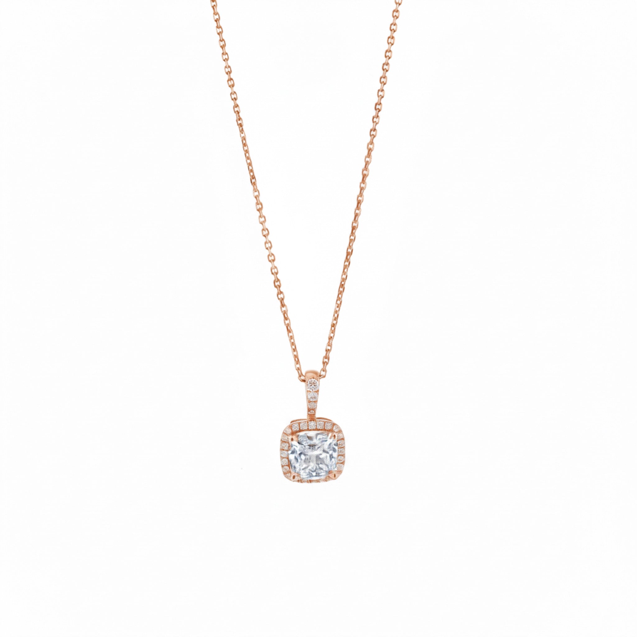 Rose gold necklace with a diamond pendant on a white background