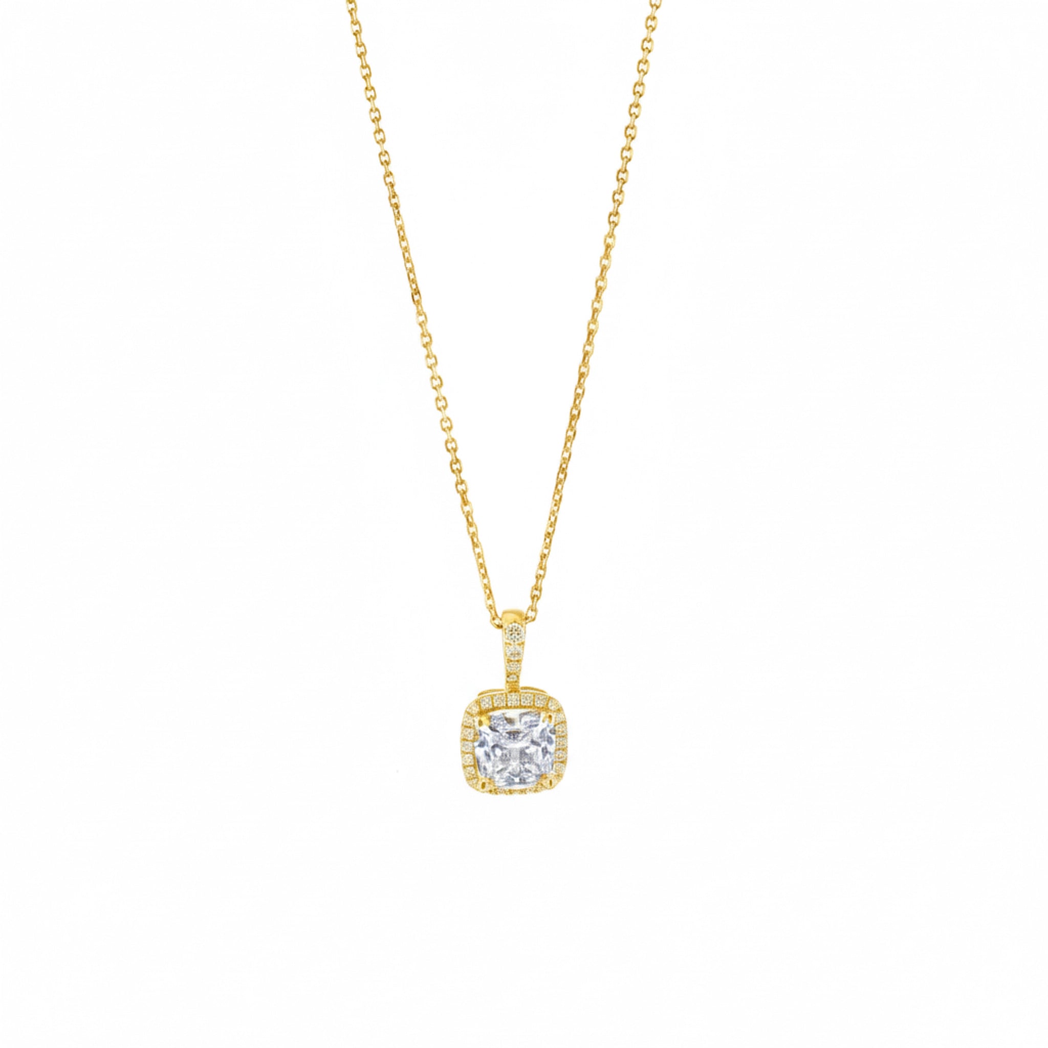 Yellow gold necklace with a diamond pendant on a white background