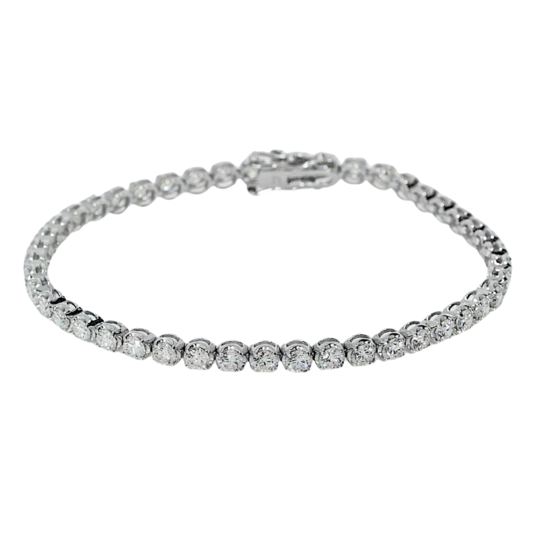 Elegant diamond tennis bracelet featuring round brilliant cut diamonds set in white gold.