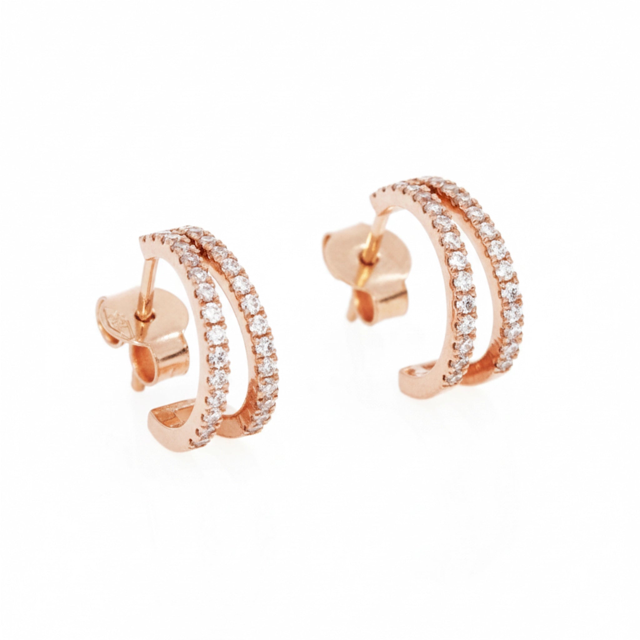 Double row diamond huggies in 18ct rose gold featuring certified diamond earrings with modern elegance and timeless sophistication.