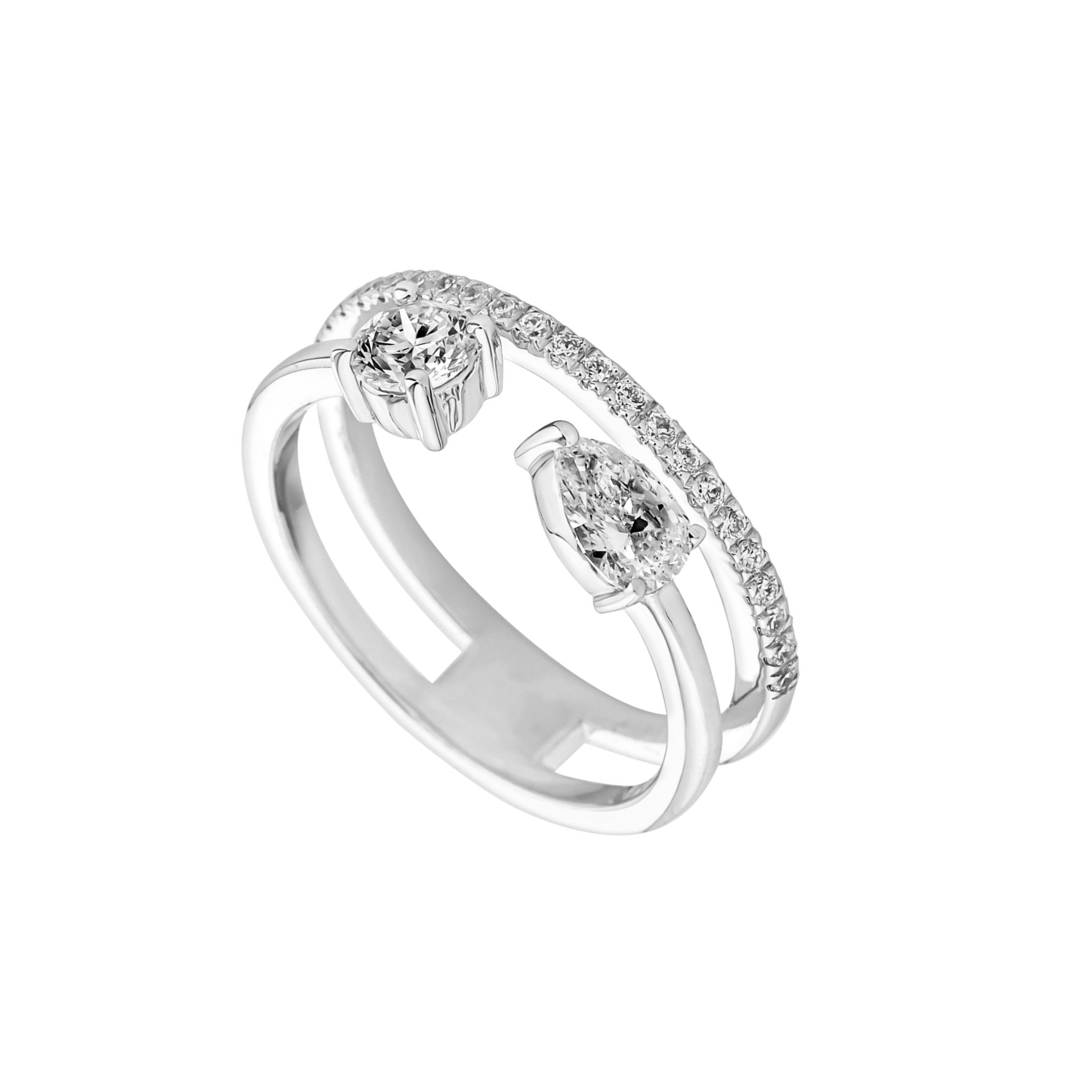 A double band diamond ring in white gold featuring a pear cut center and a row of small pavé set diamonds along one band, shown on a plain white background.