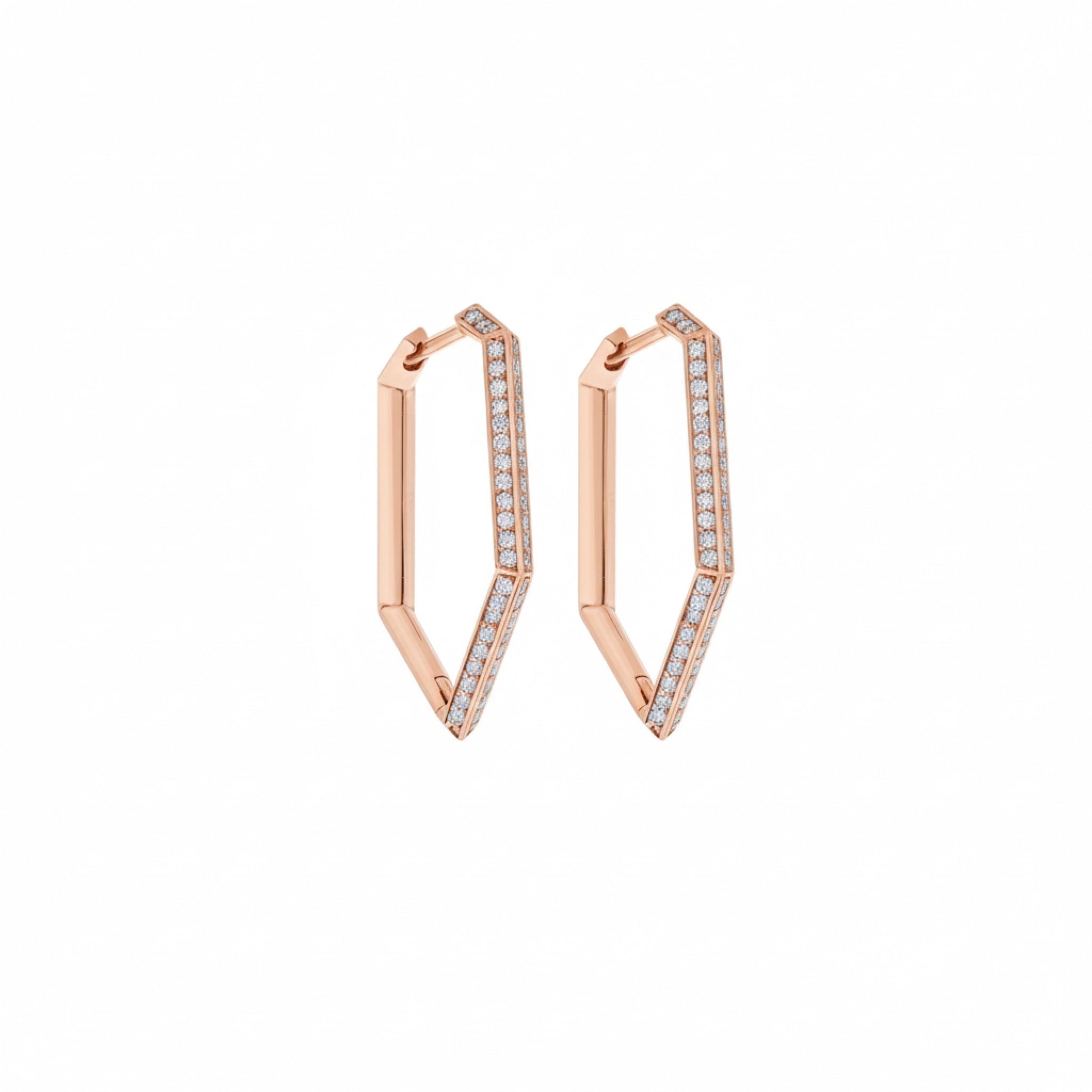 Rose gold hoop earrings with embedded diamonds on a white background