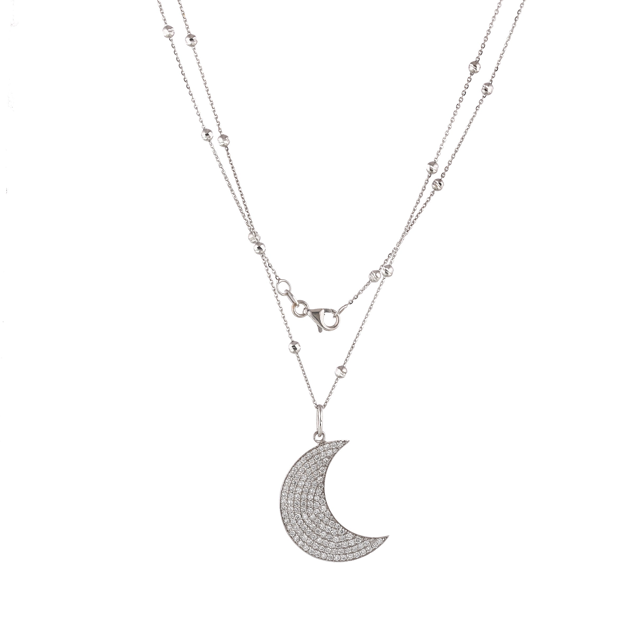 Elegant long moon necklace featuring 18ct gold chain and diamond details, perfect for layering or standalone wear.