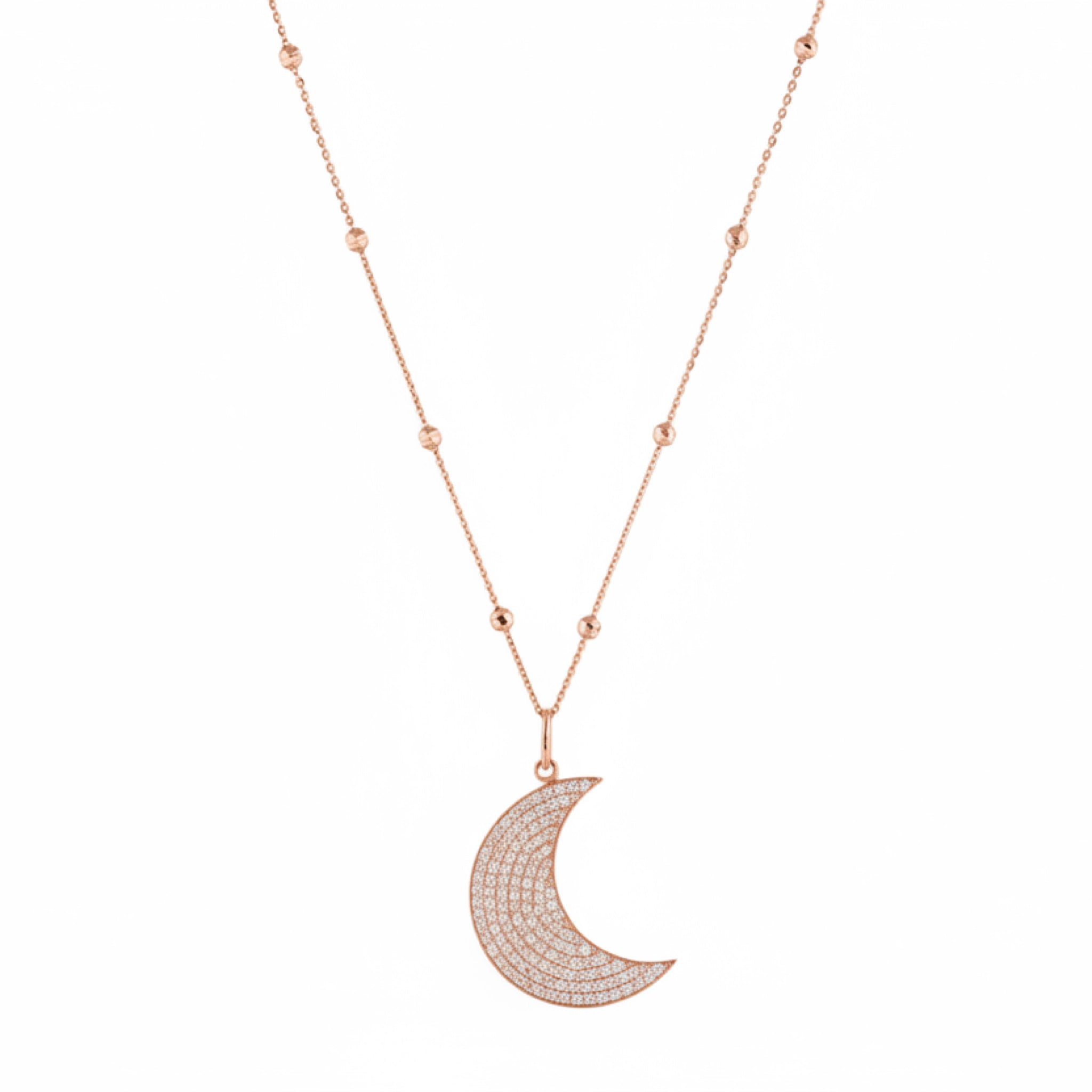 Long Moon necklace featuring diamond accents on an 18ct rose gold chain for modern elegance.