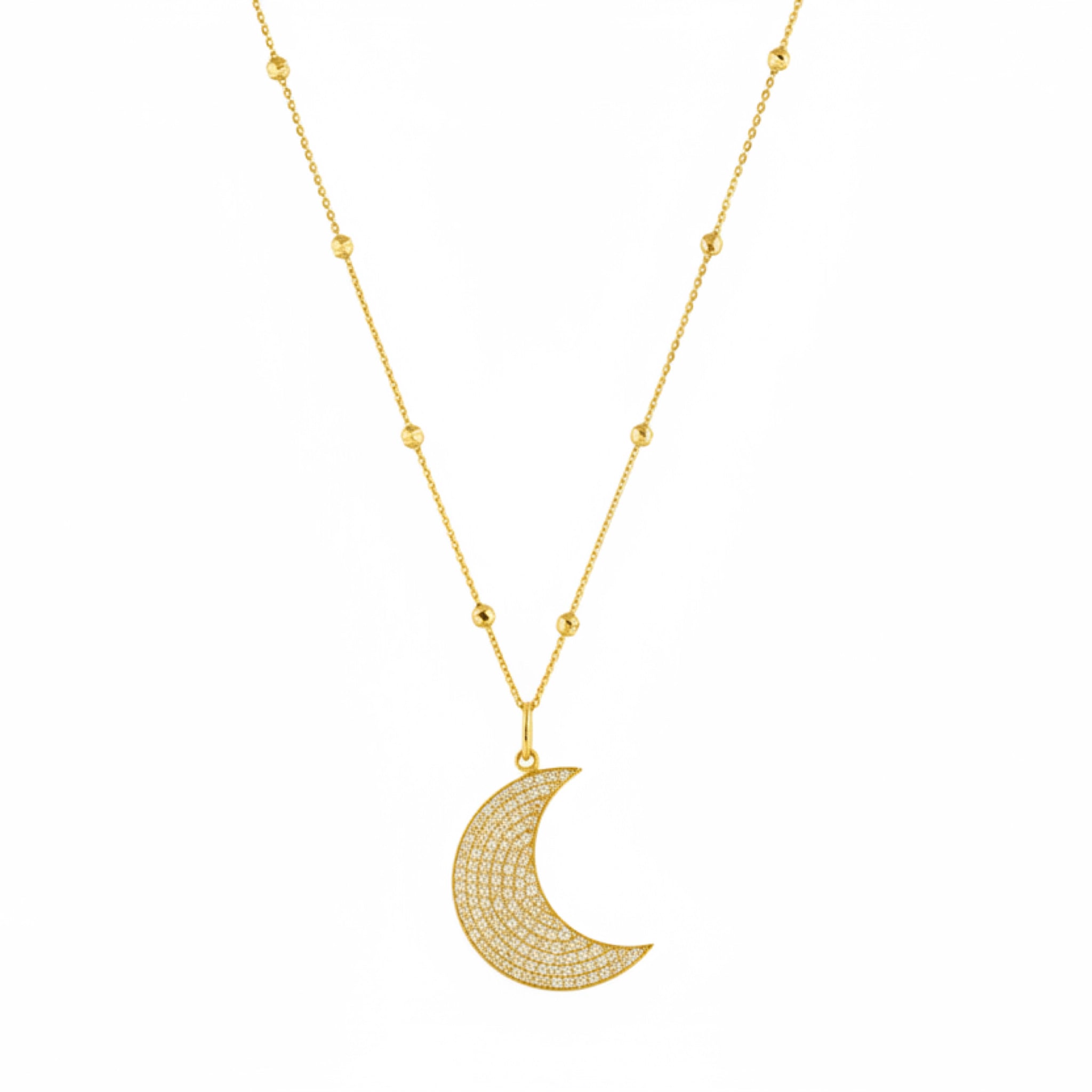 Long Moon necklace featuring diamond accents on an 18ct yellow gold chain for modern elegance.