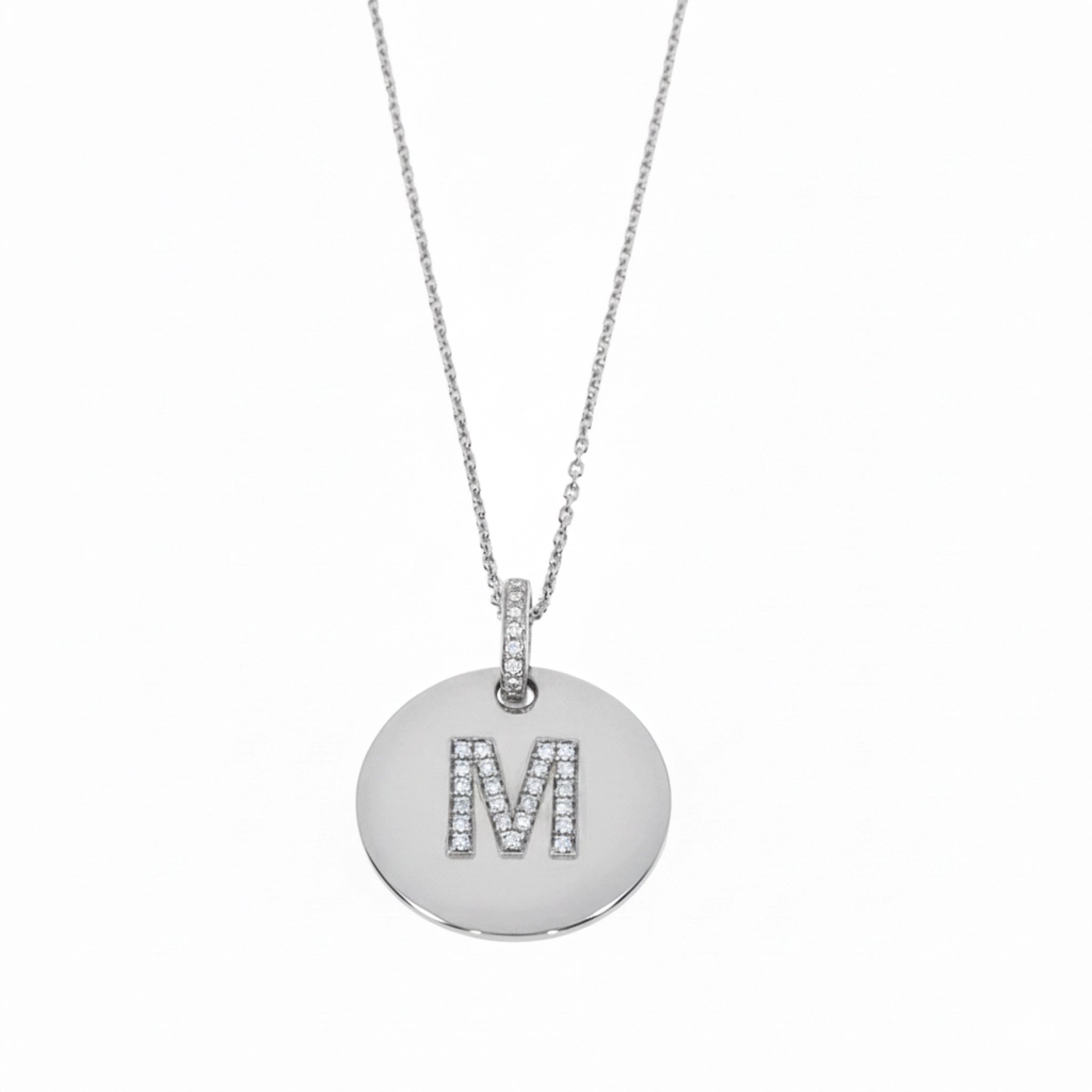 Love Letter Disk necklace with initial M in certified diamonds set in white gold chain.