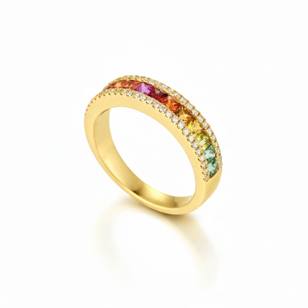 Multi Colour Sapphire Ring featuring princess cut sapphires and natural diamonds in a yellow gold band.
