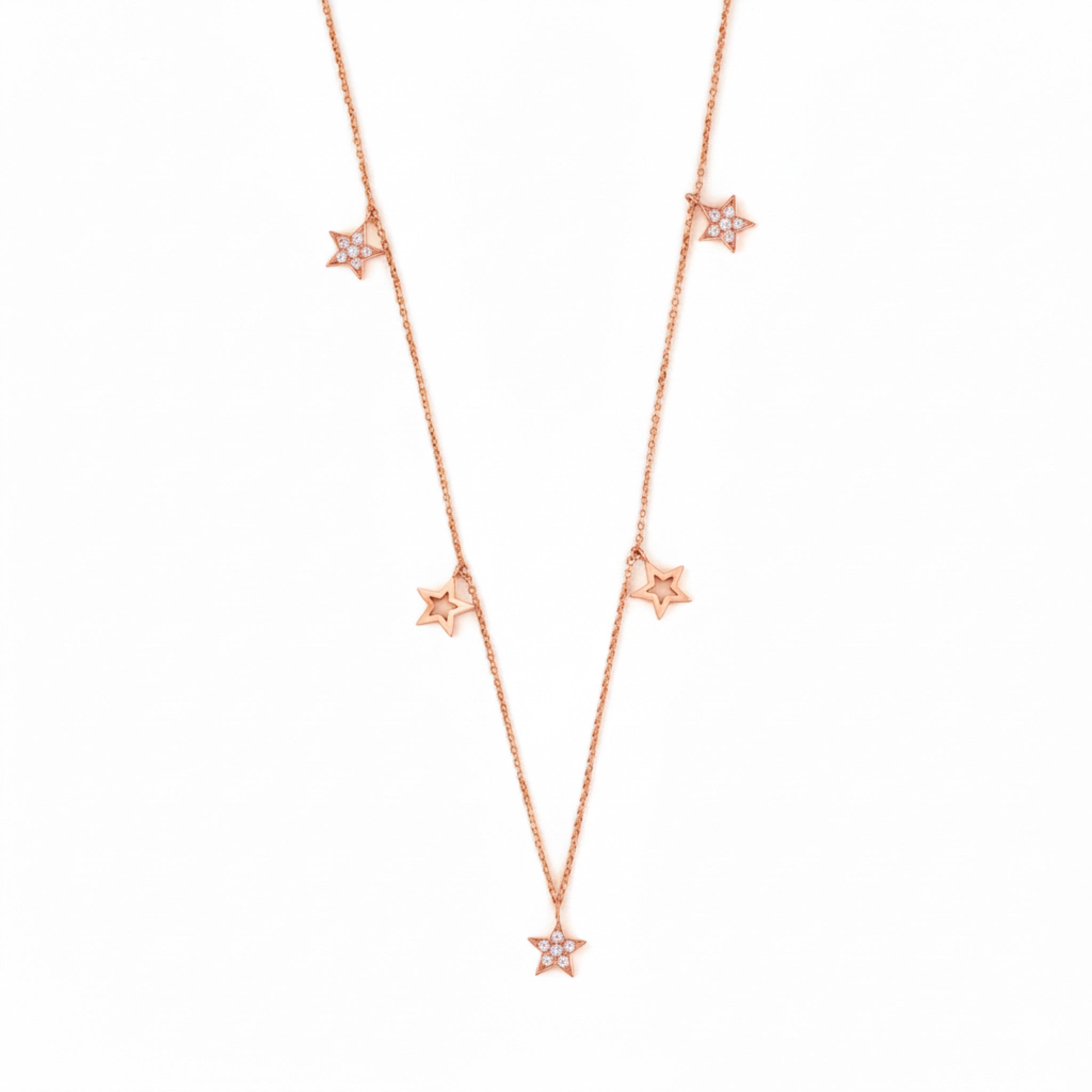 Elegant certified diamond necklace featuring rose gold and diamond set stars on a fine rose gold chain.