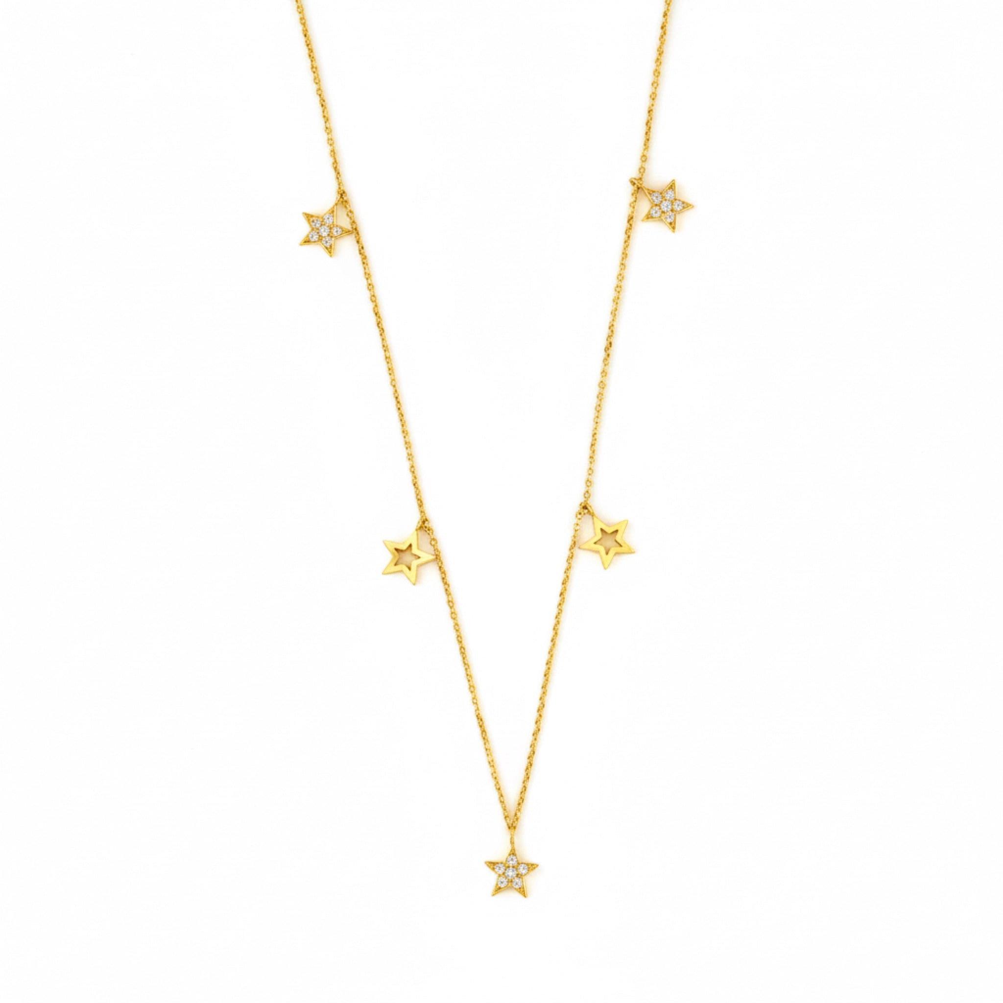Elegant certified diamond necklace featuring gold and diamond set stars on a fine gold chain.