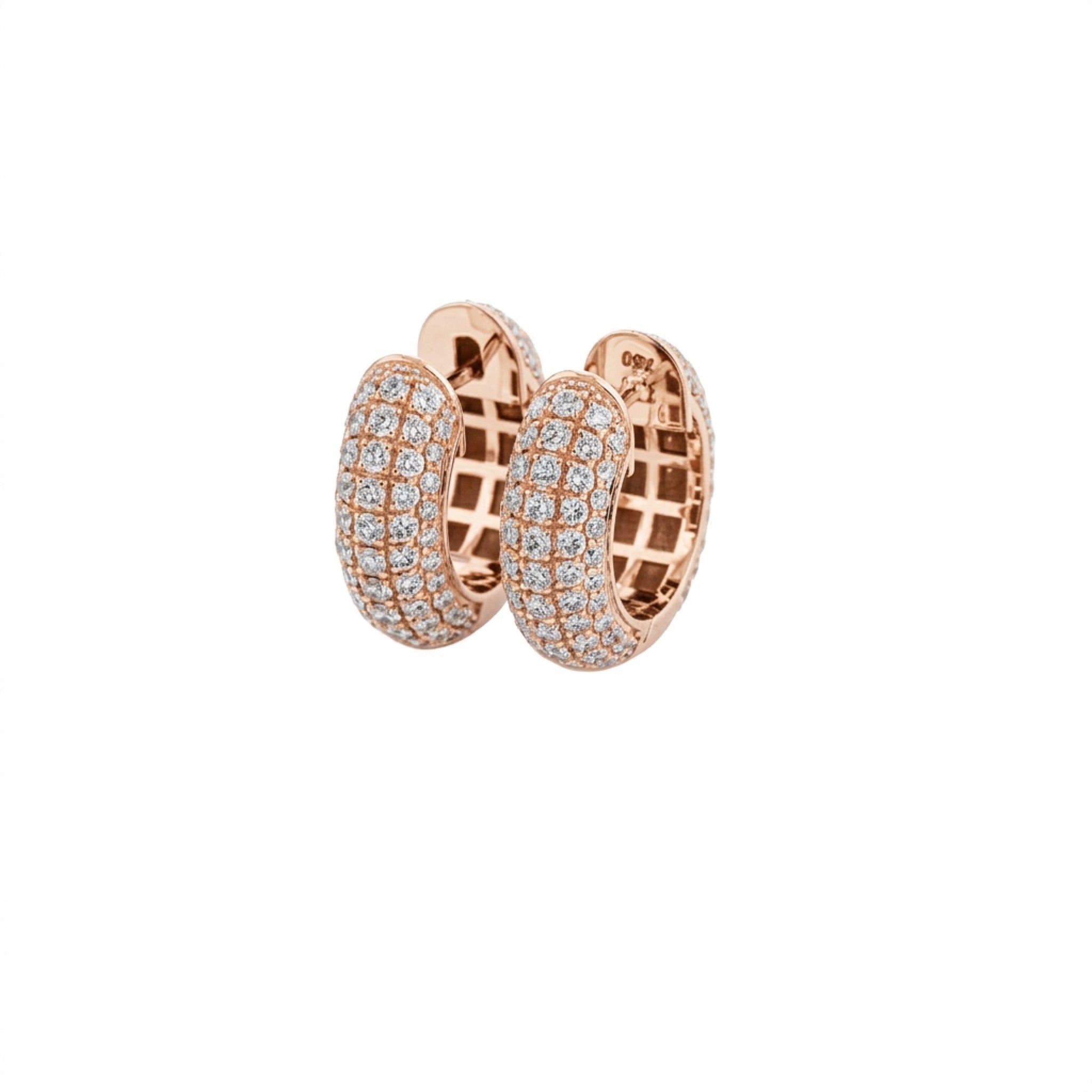 Rose gold hoop earrings with diamonds on a white background