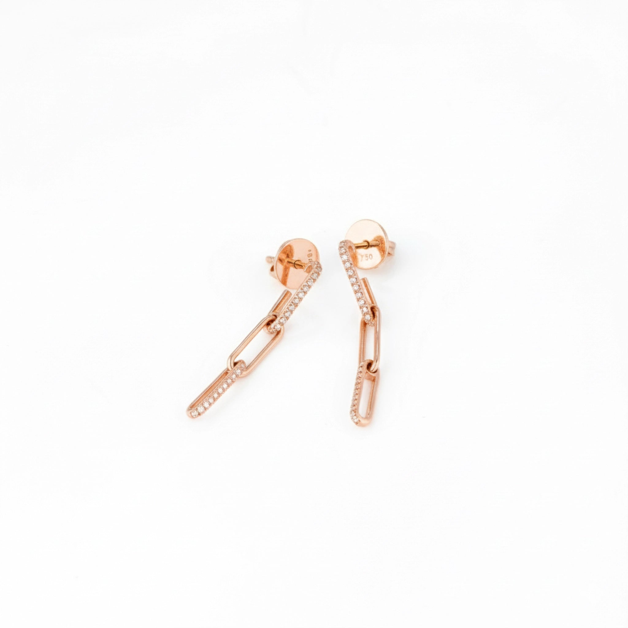 Petite chain link diamond earrings in solid rpse gold featuring certified diamonds set in 18ct gold