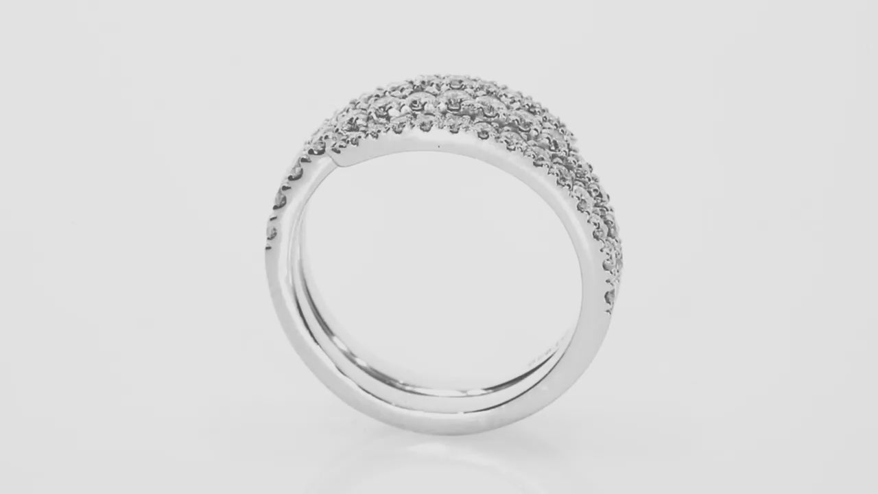 Swirl ring in 18ct white gold adorned with certified diamonds, showcasing three elegant rows of sparkling brilliance.