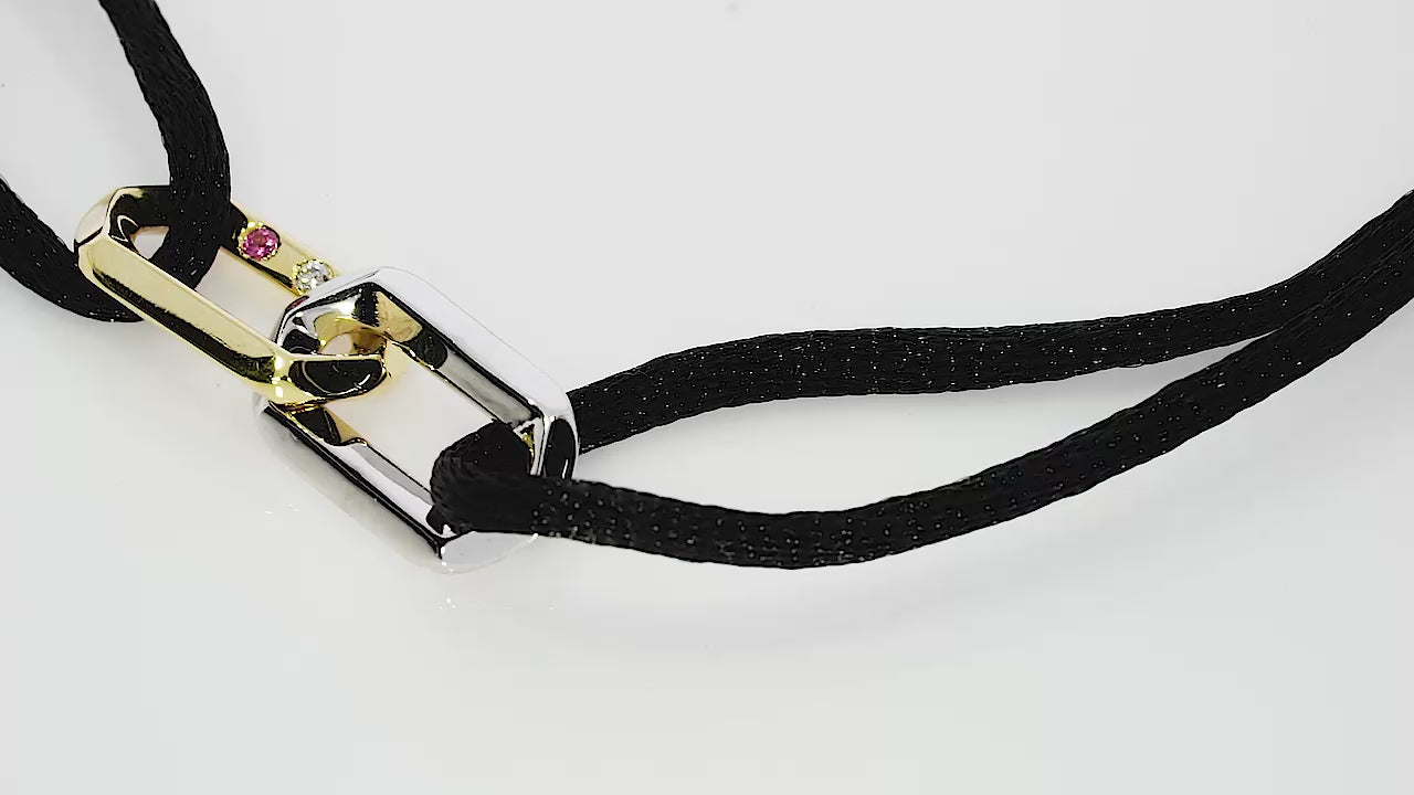 Men bracelet with birthstones in 18ct gold with black cord