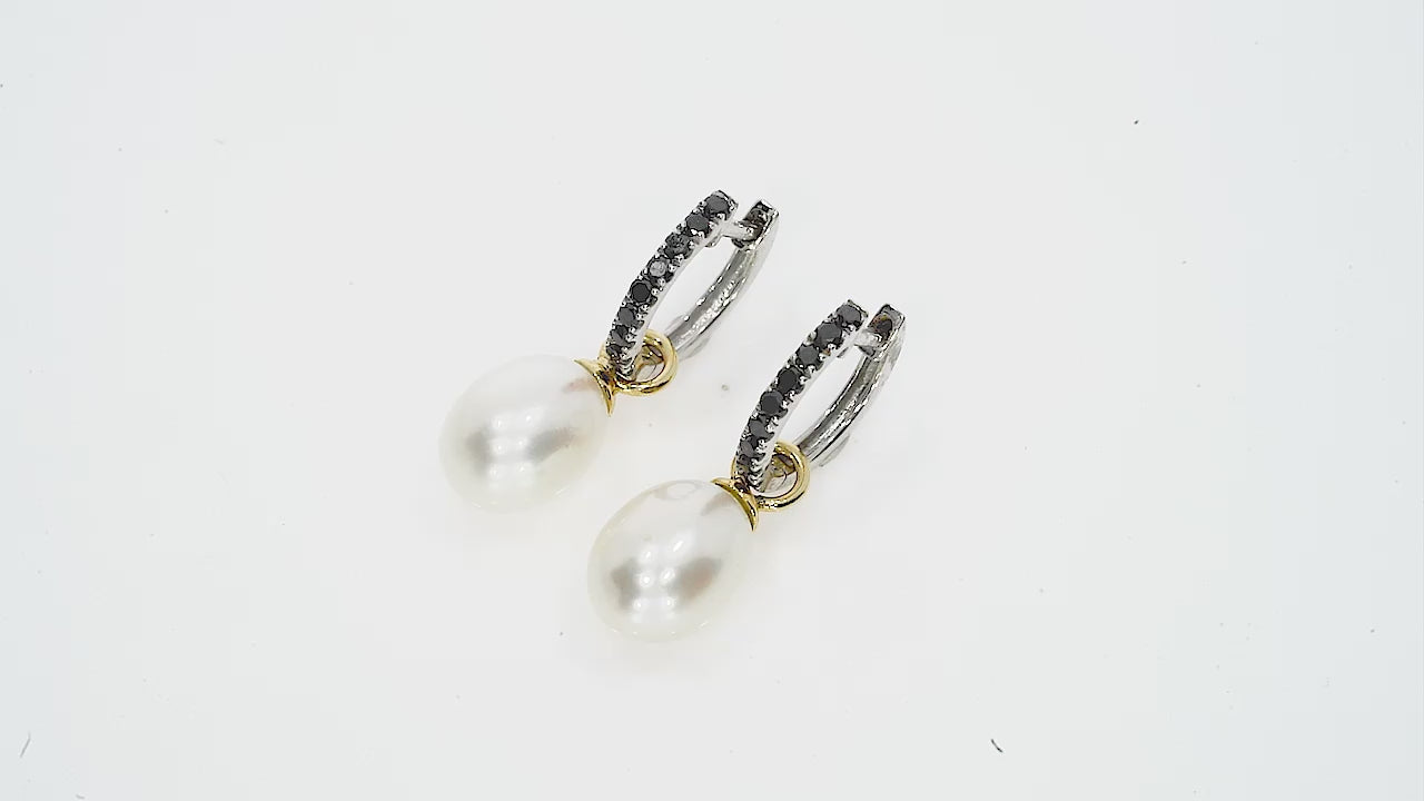 Lucia diamond earrings featuring black diamonds and detachable freshwater pearl drops on white gold hoops
