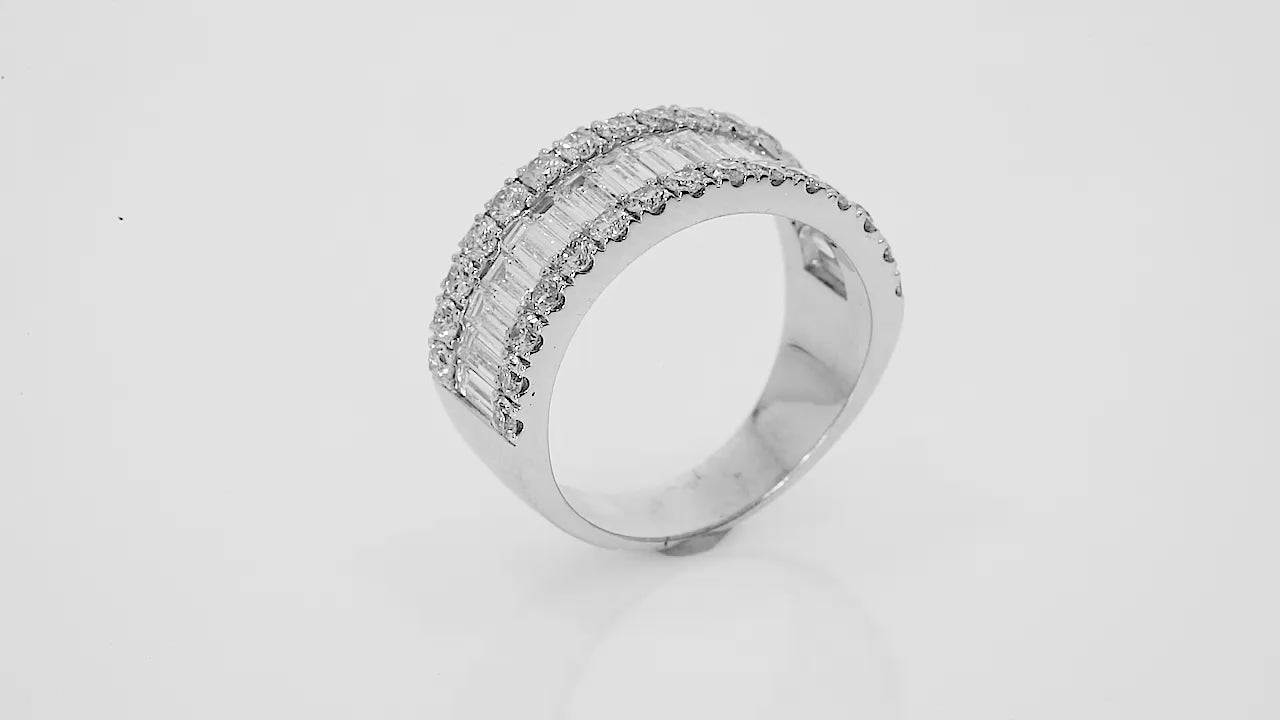 Love eternity ring with an elegant design featuring baguette cut diamonds, set in fine metal.