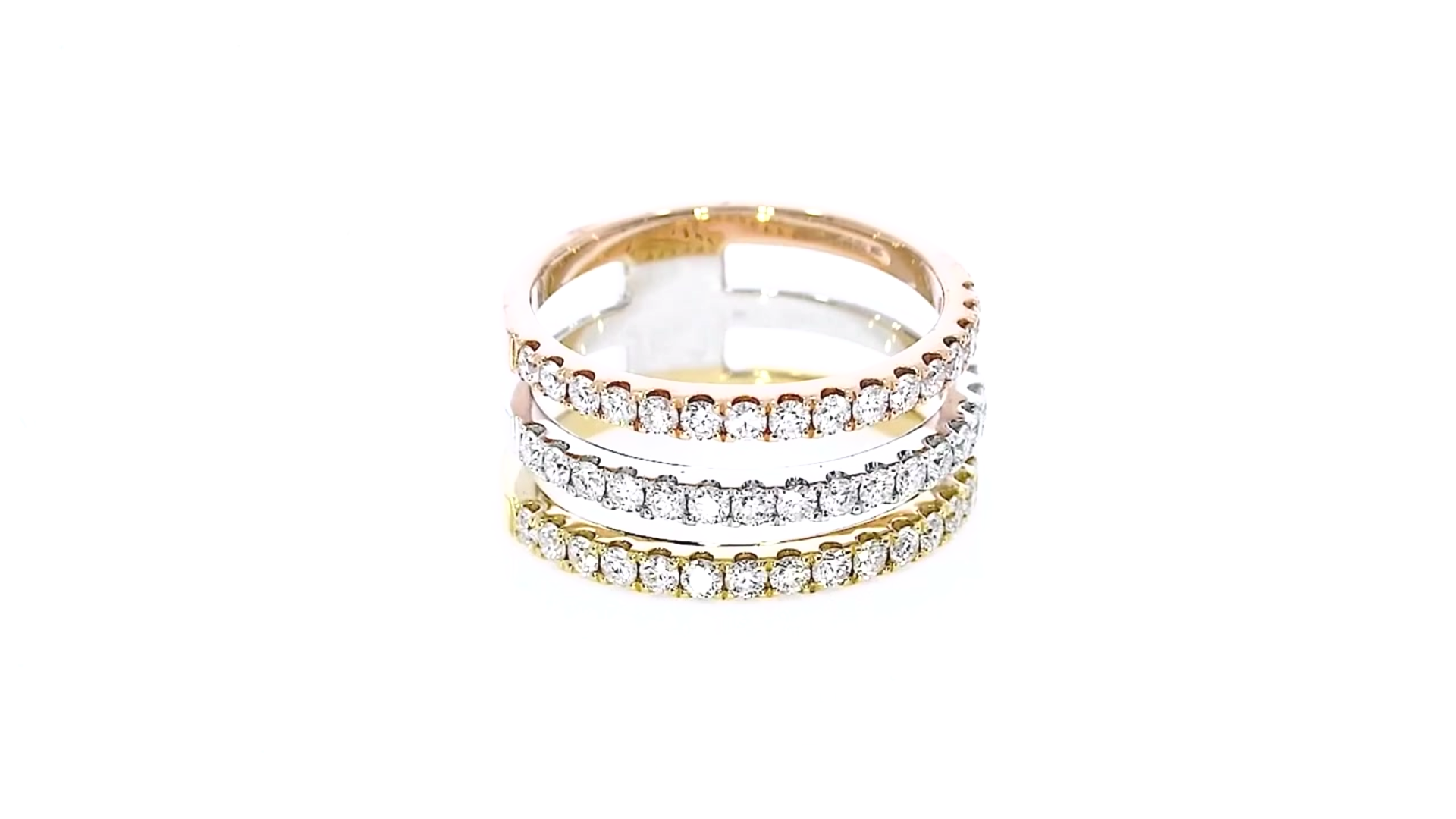 Ultra-modern, timeless three-color gold ring for women with 1.04cts round brilliant cut diamonds, set in 18ct gold.