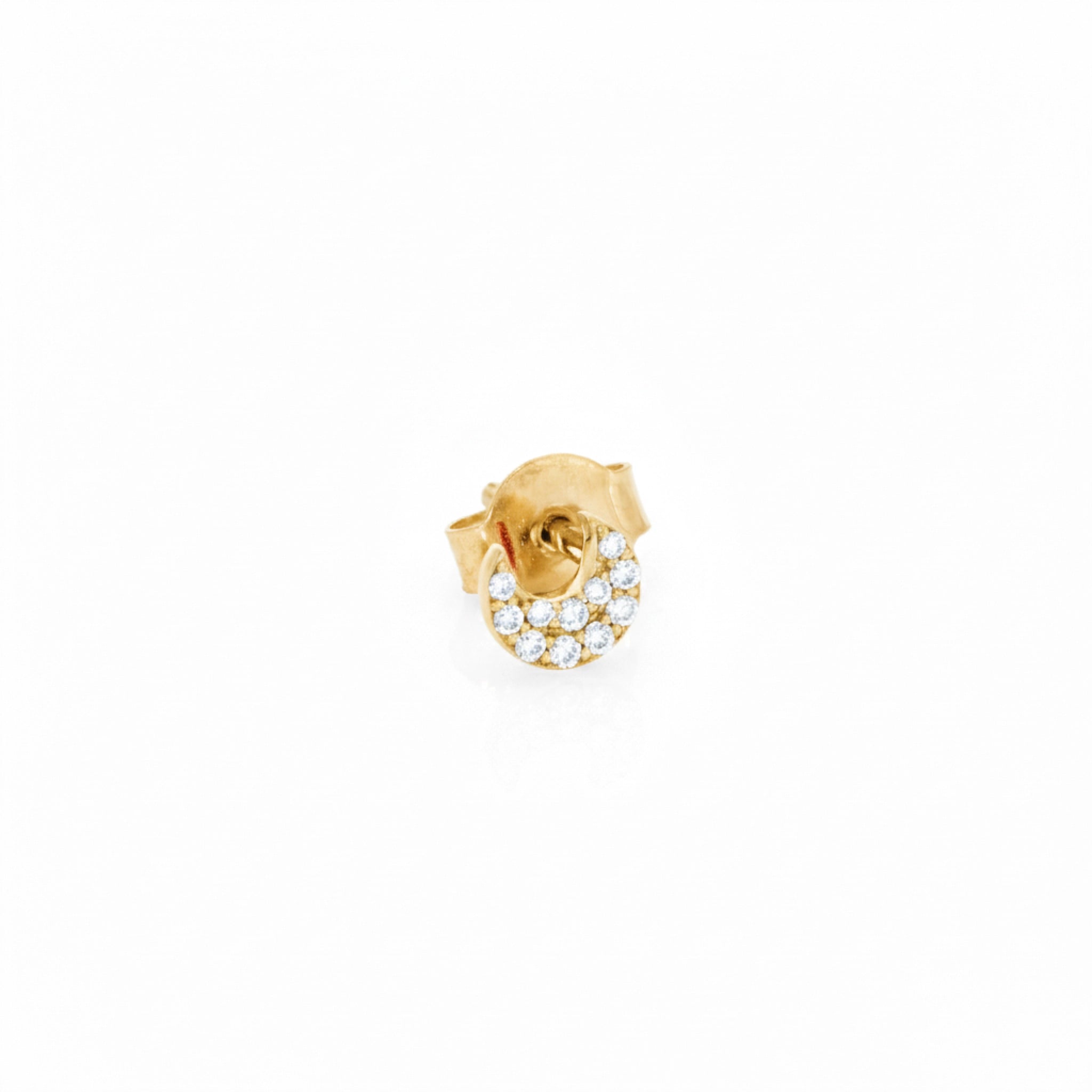 Small moon earring featuring certified diamond set in solid 18ct gold with a traditional post backing.