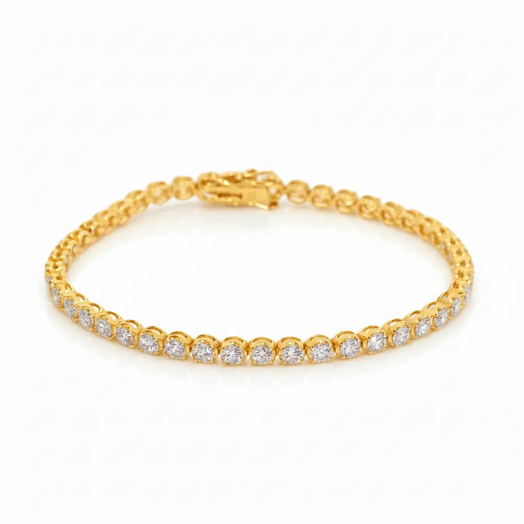 Elegant diamond tennis bracelet featuring round brilliant cut diamonds set in 18ct yellow gold.