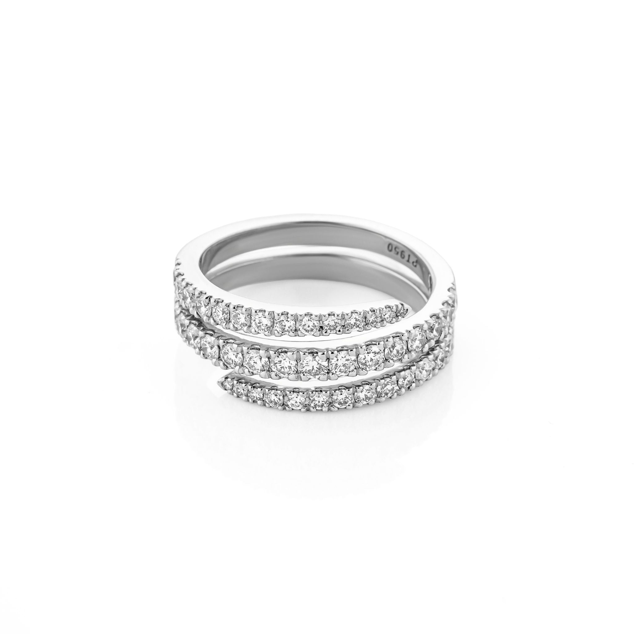 A white gold ring with a spiral design with rows of sparkling diamonds, creating a modern look.