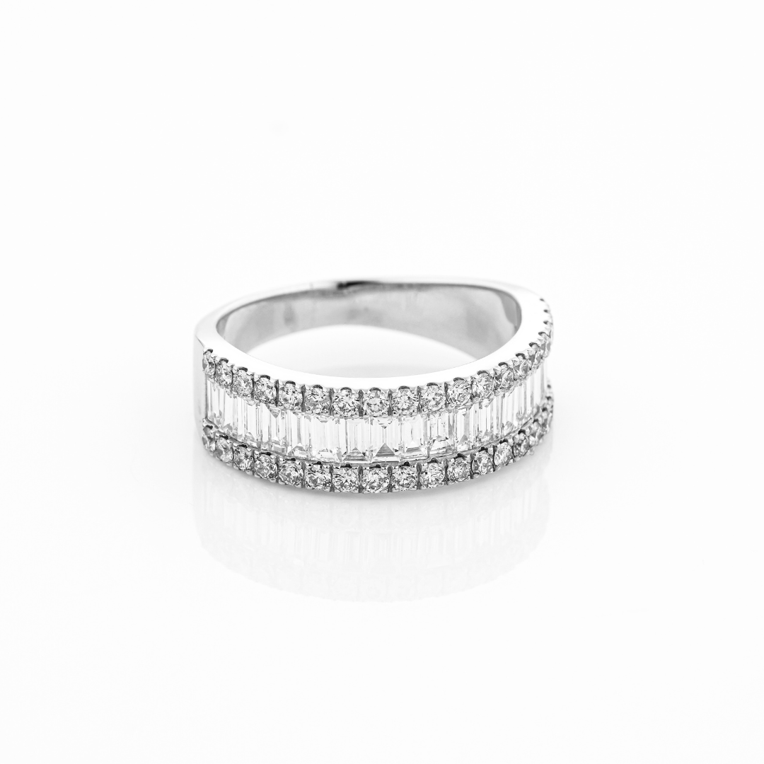 eternity ring with sparkling round brilliant and baguette cut diamonds