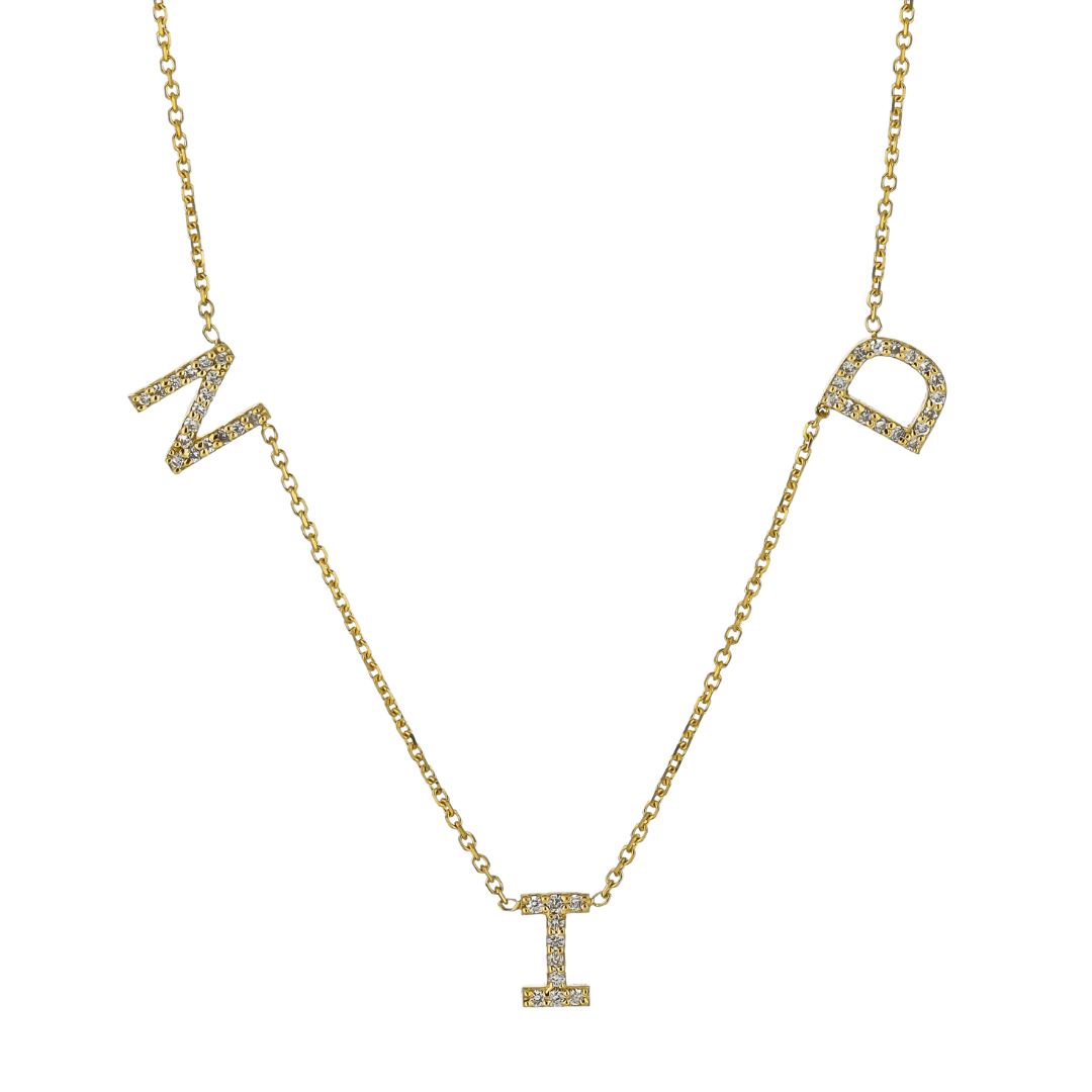 Love Letter necklace with certified diamond initials on a fine gold chain, featuring sparkling craftsmanship.