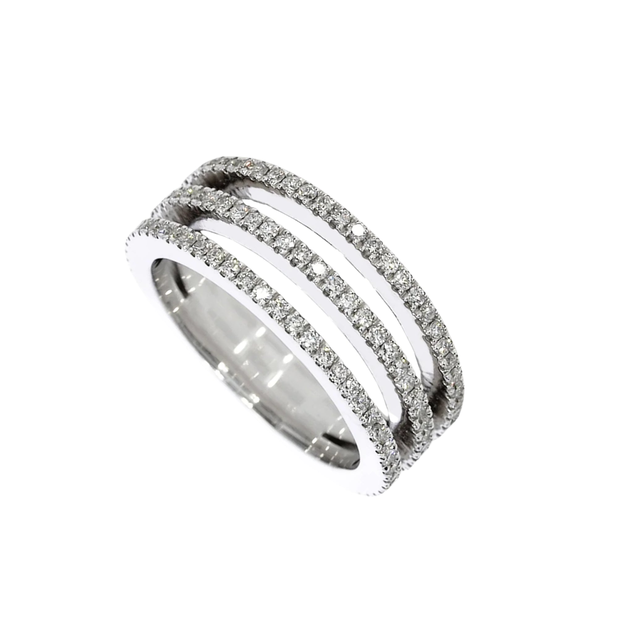 A triple band ring featuring rows of small clear pavé diamonds, shown on a plain white background.
