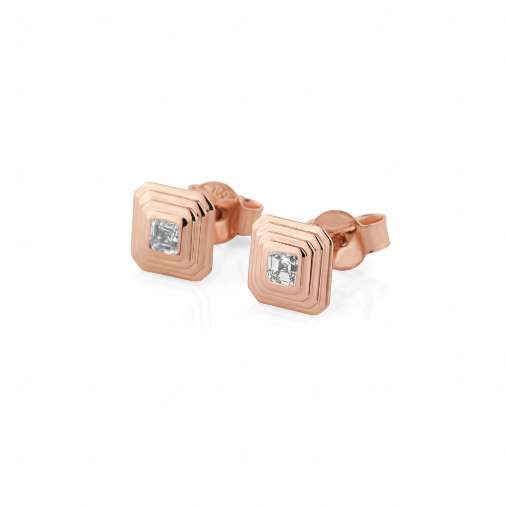 Rose Gold asscher cut diamond stud earrings with diamonds on a white background
