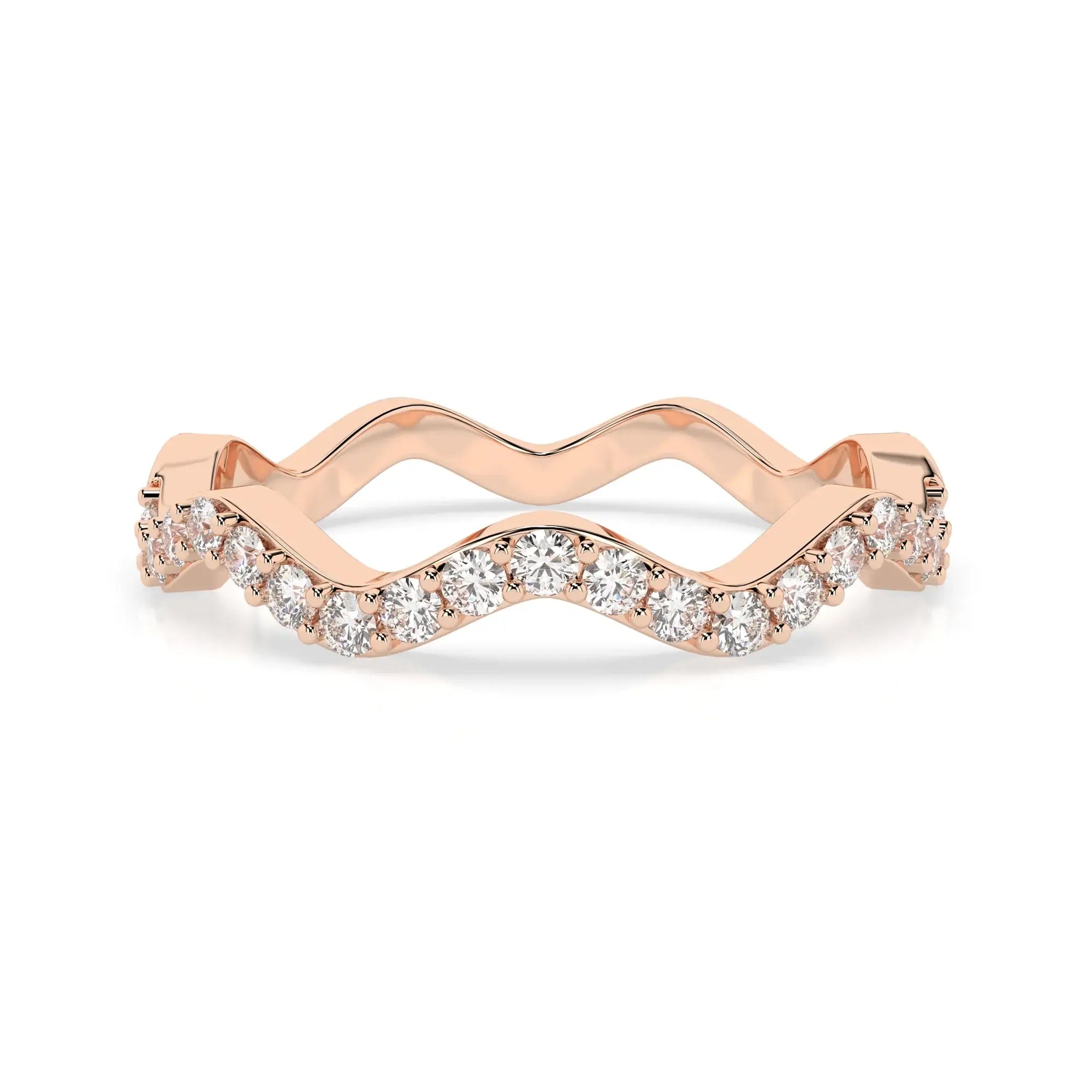 Rose gold ring with wavy design and embedded diamonds on a white background