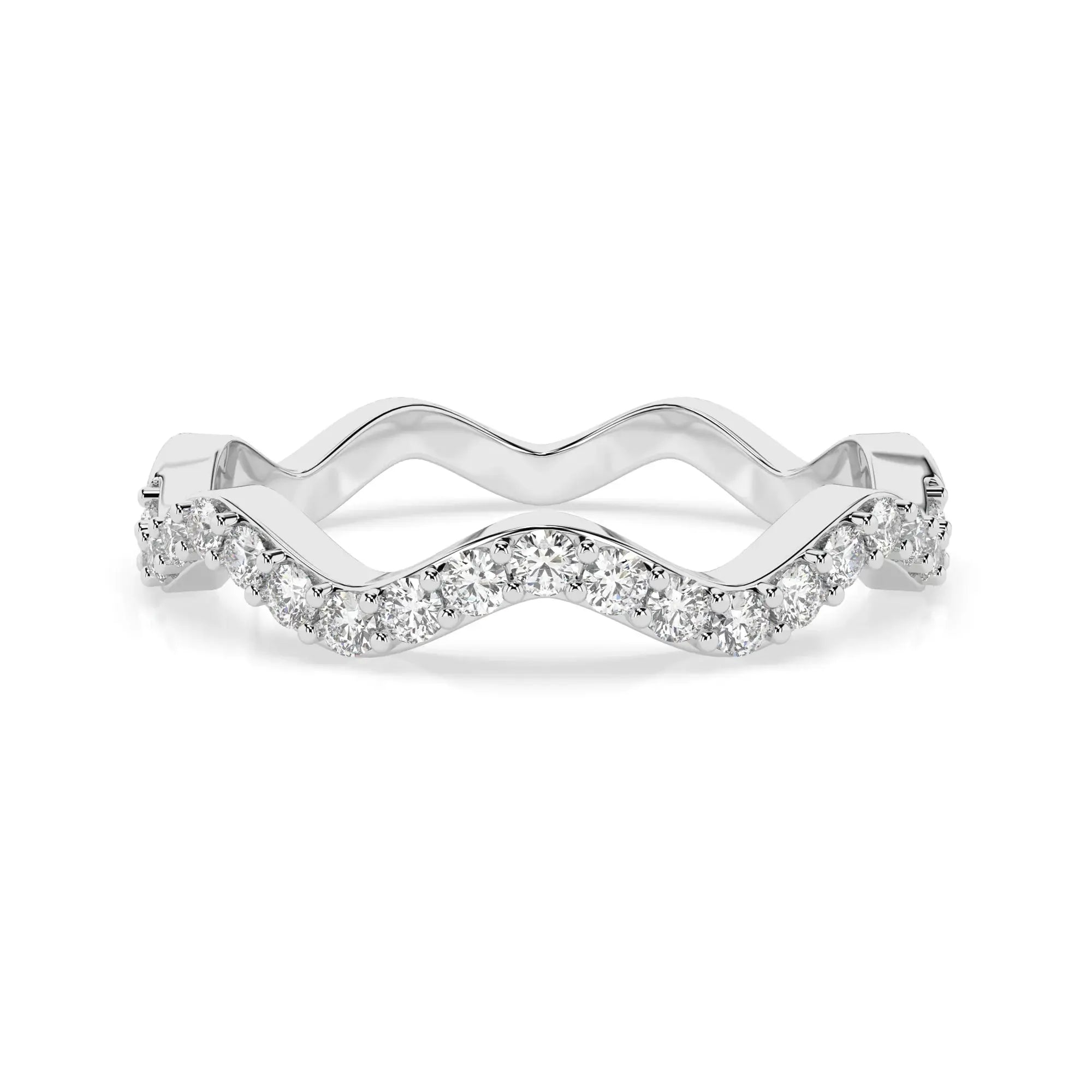 Diamond ring with wavy design and embedded diamonds on a white background