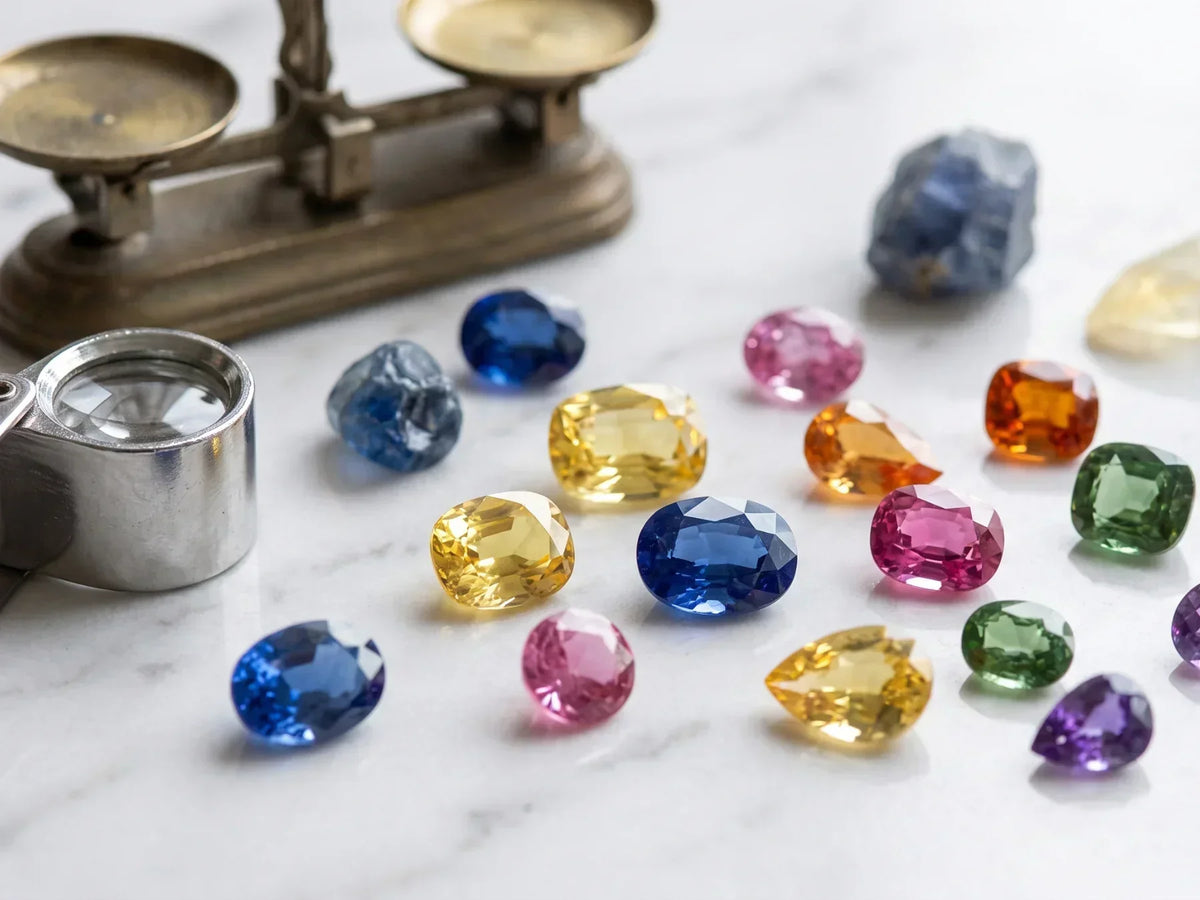 September’s Birthstone: Why Sapphire Deserves More Attention with colorful gemstones on a marble surface.