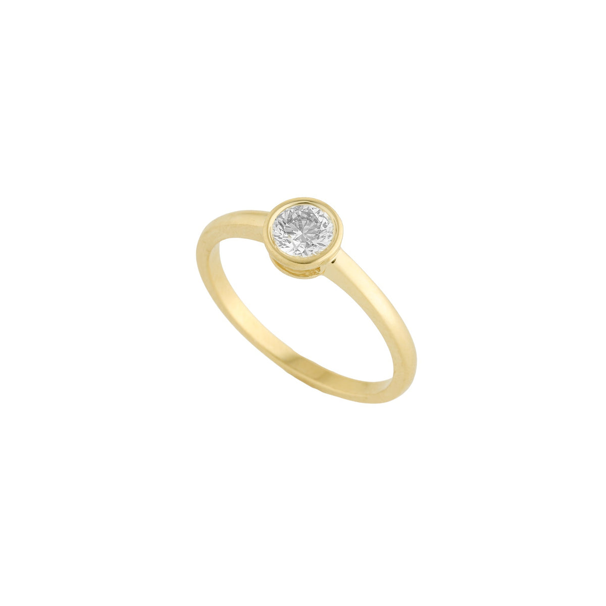 A yellow gold solitaire ring with a round brillient cut bezel-set diamond shown on a plain white background.