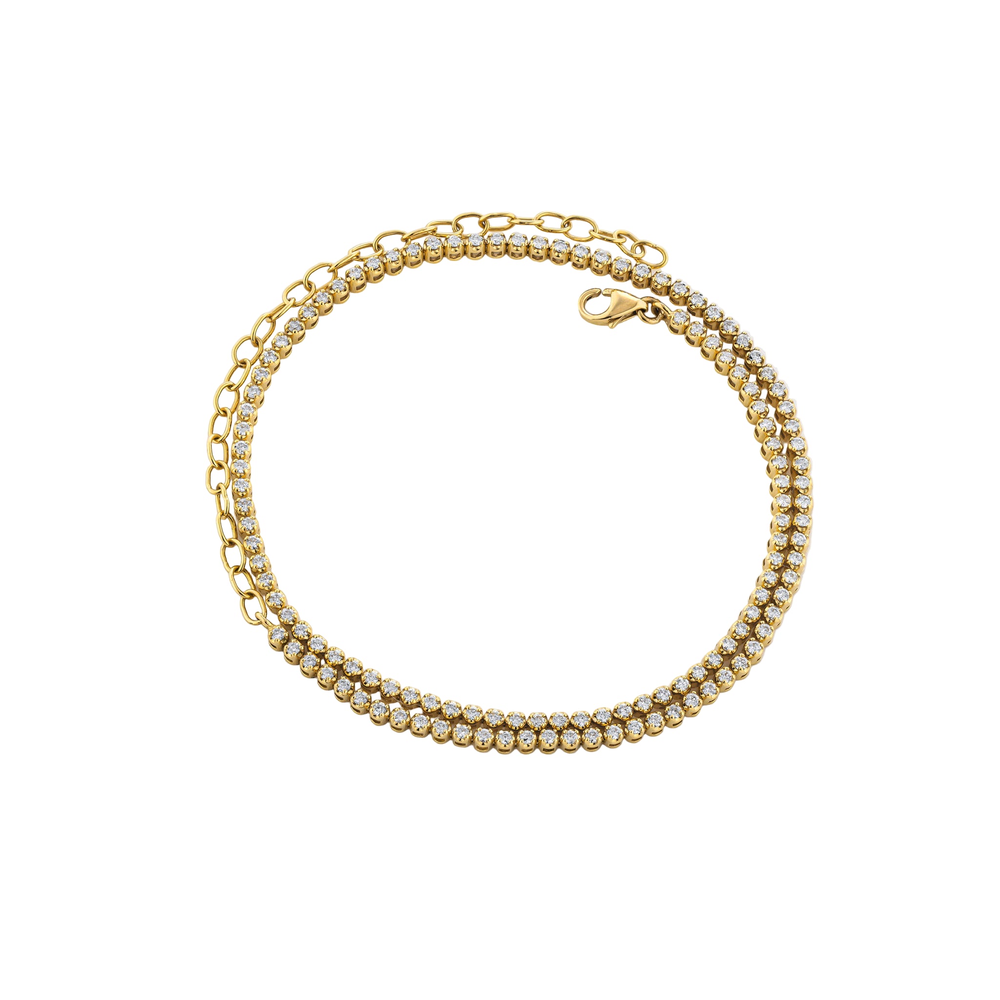 Maia certified diamond necklace design that also serves as a double tennis bracelet in gold.