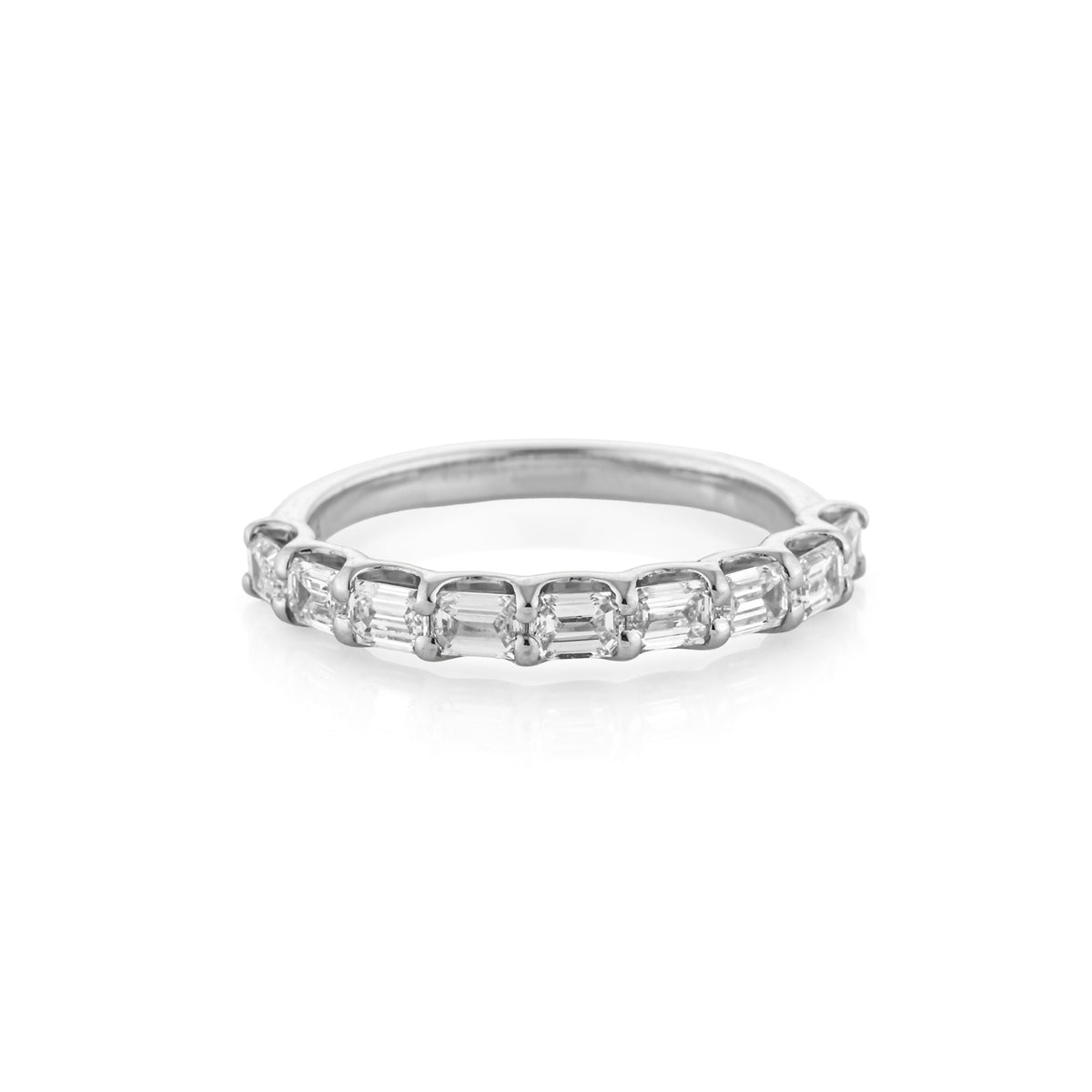 End to End Emerald Cut Diamond Ring showcasing nine diamonds in gold setting for a timeless, elegant look.