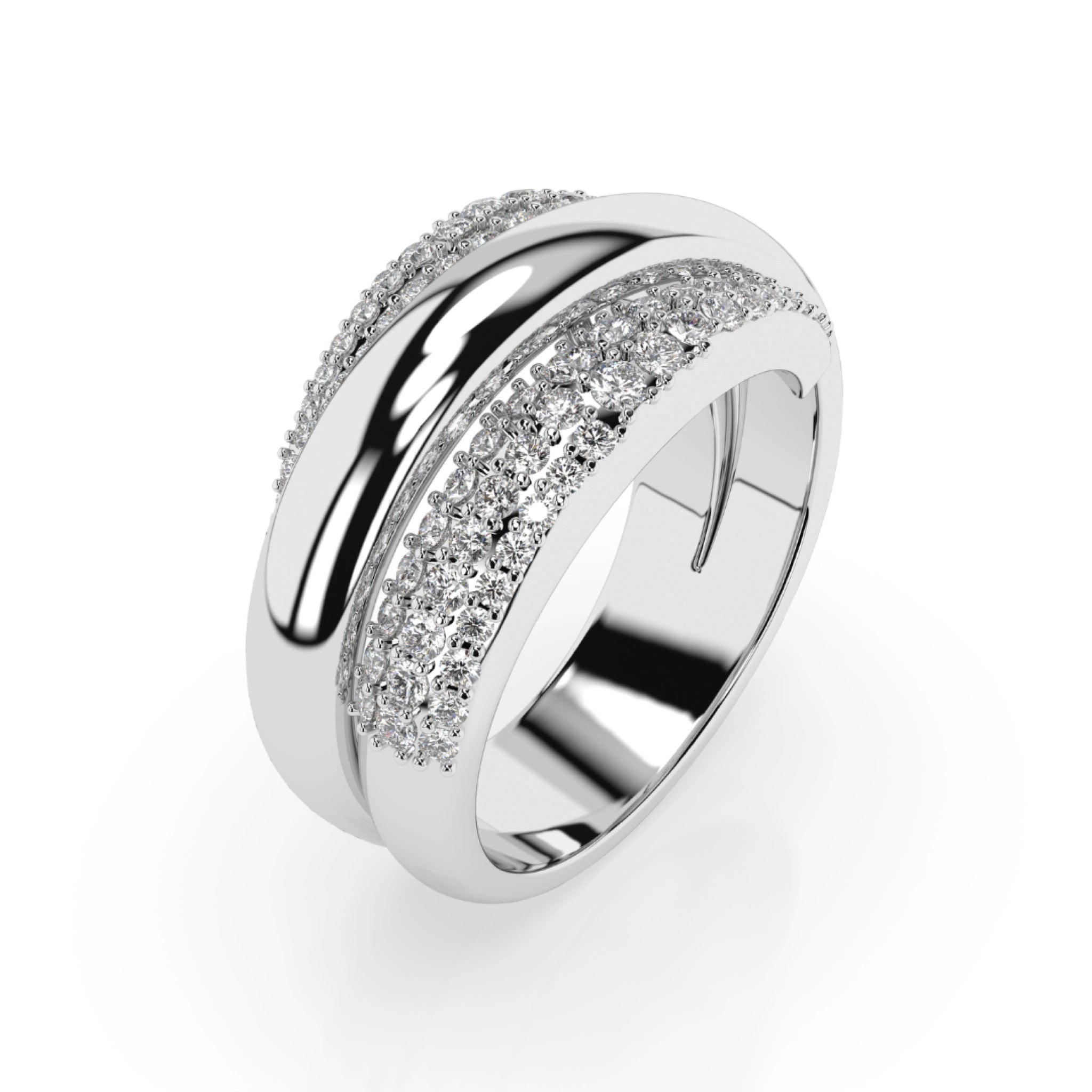 Aurora Ring featuring overlapping gold strands set with certified diamond rings for stunning sparkle.