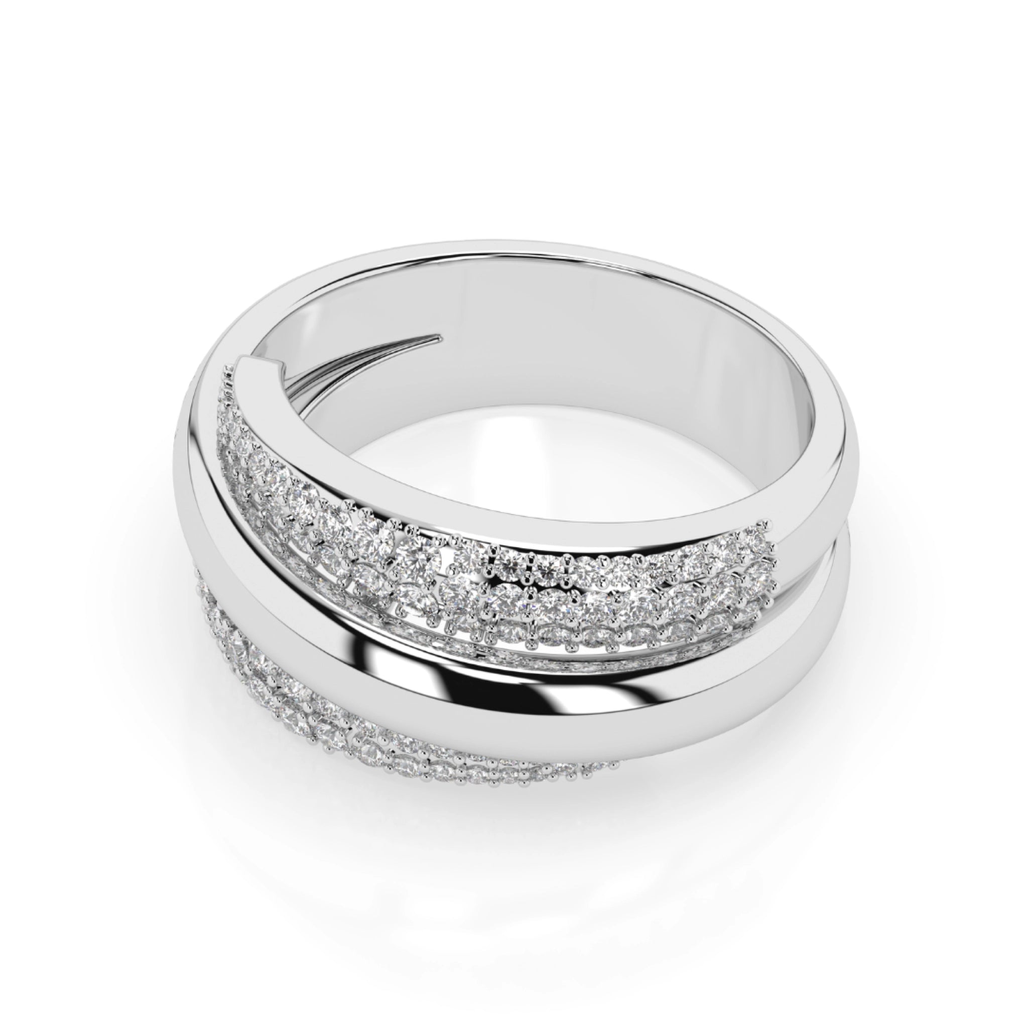 The Aurora Ring, a solid three strand gold and diamond ring with certified diamond rings, featuring overlapping rows.