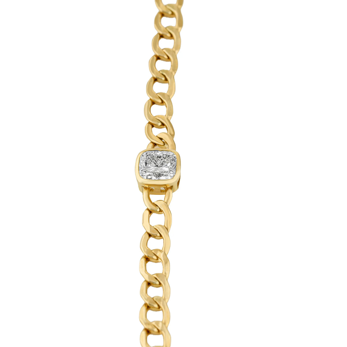 Gold Chain Link Bracelet Cushion Cut featuring a cushion cut diamond and smooth curb links.