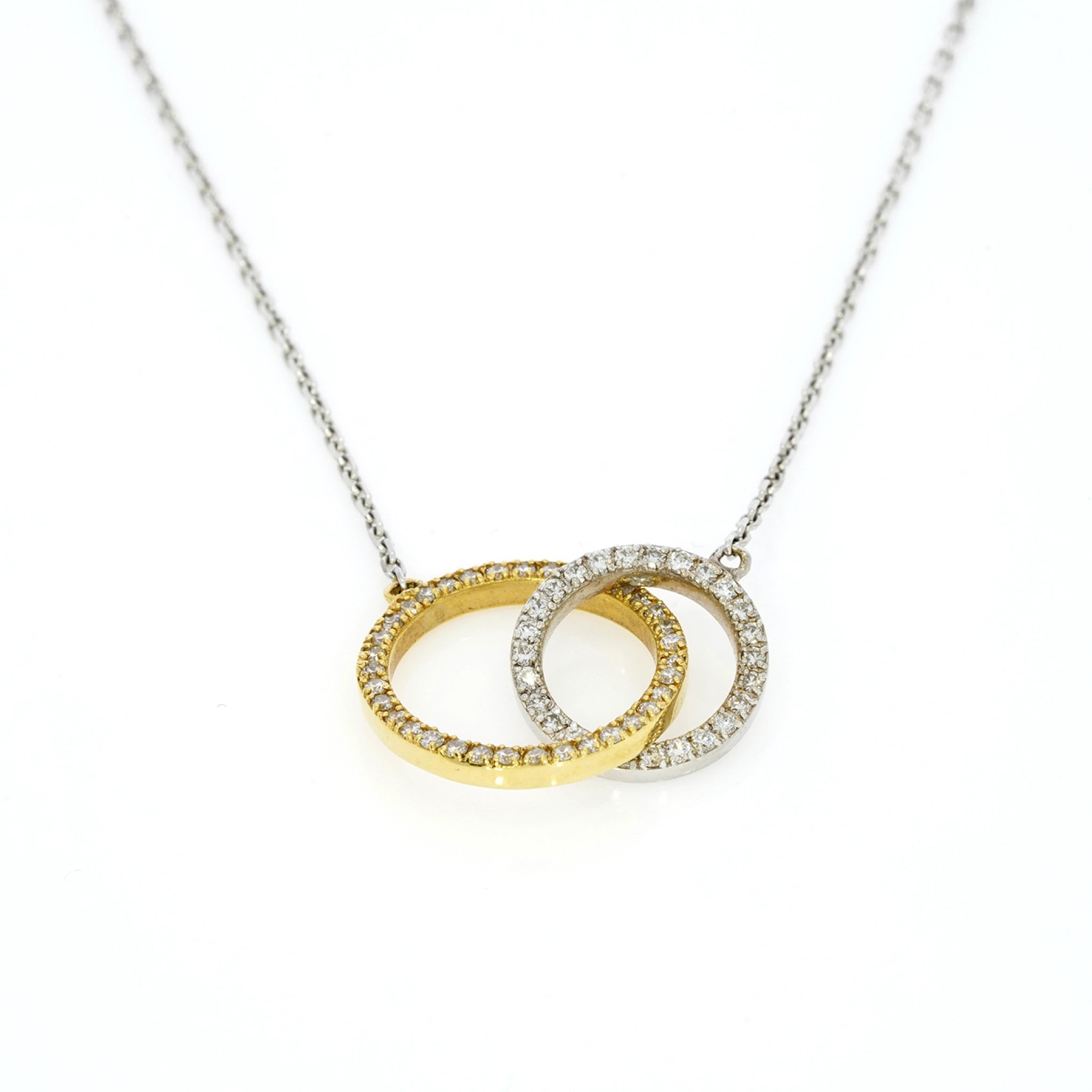 circle diamond necklace featuring interlocking diamond circles in 18ct gold set with F-G colour diamonds.