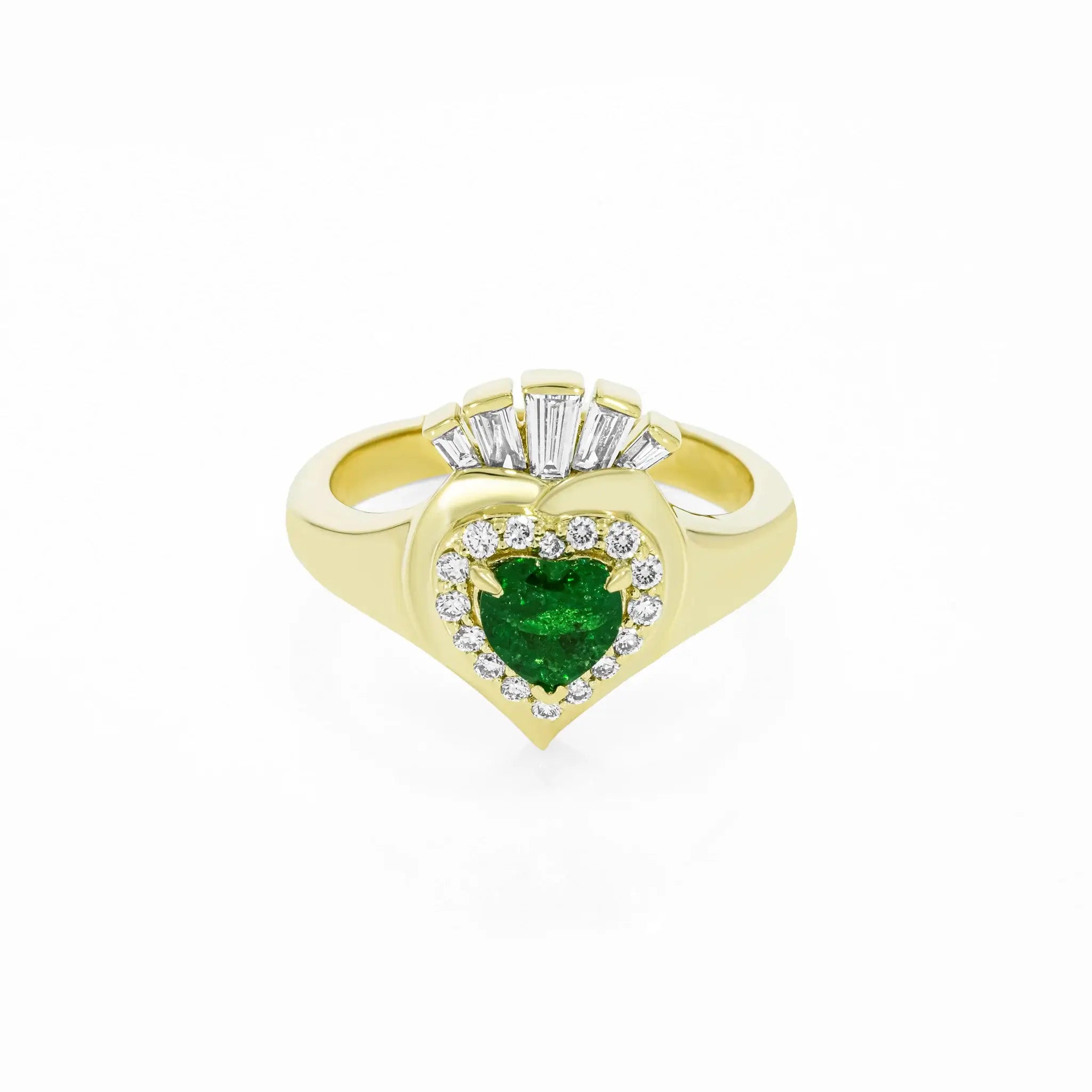 Éireann Claddagh ring featuring a green tsavourite heart stone and diamond accents in a modern design.