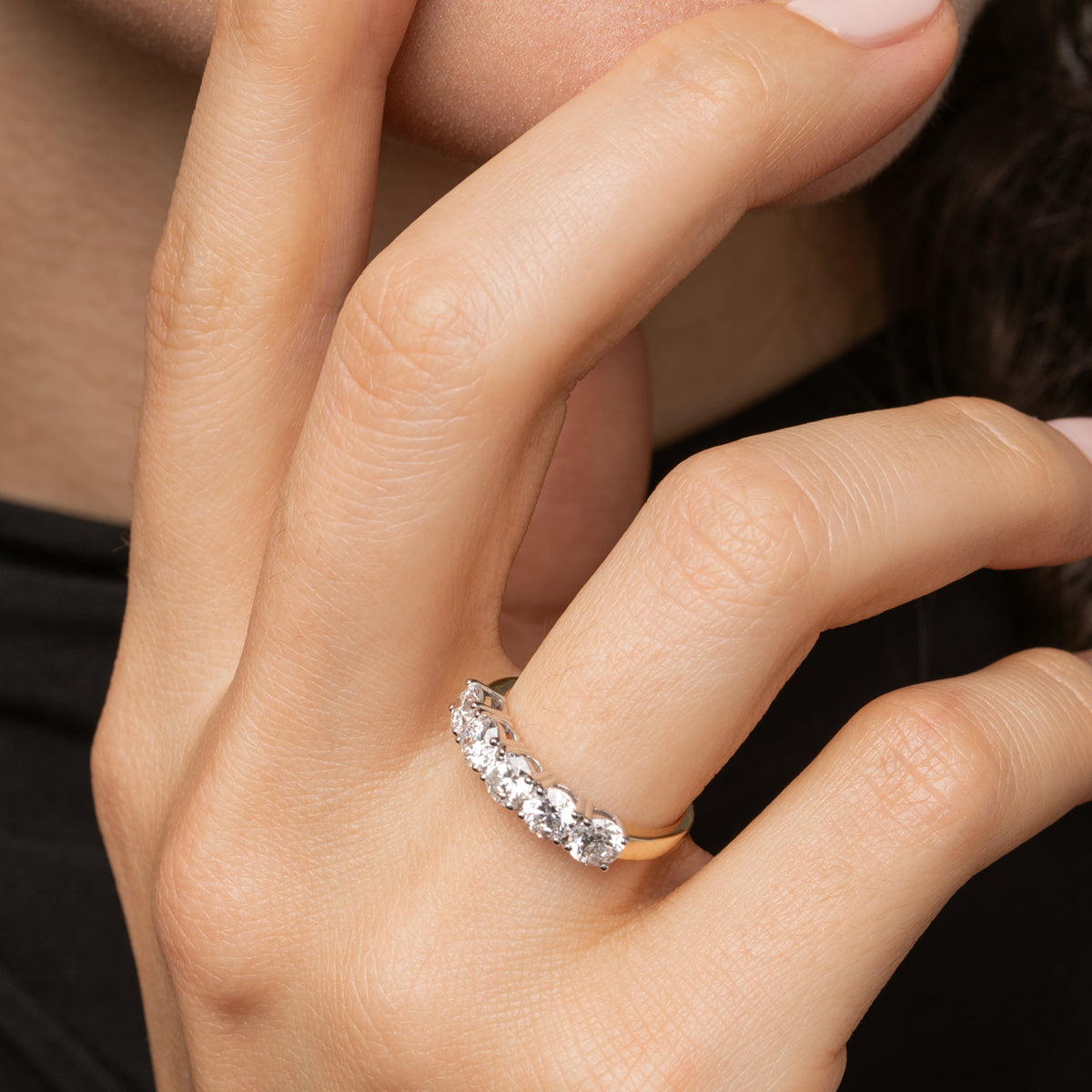 Close-up of a hand wearing a classic five stone diamond eternity ring, showcasing brilliant white diamonds.