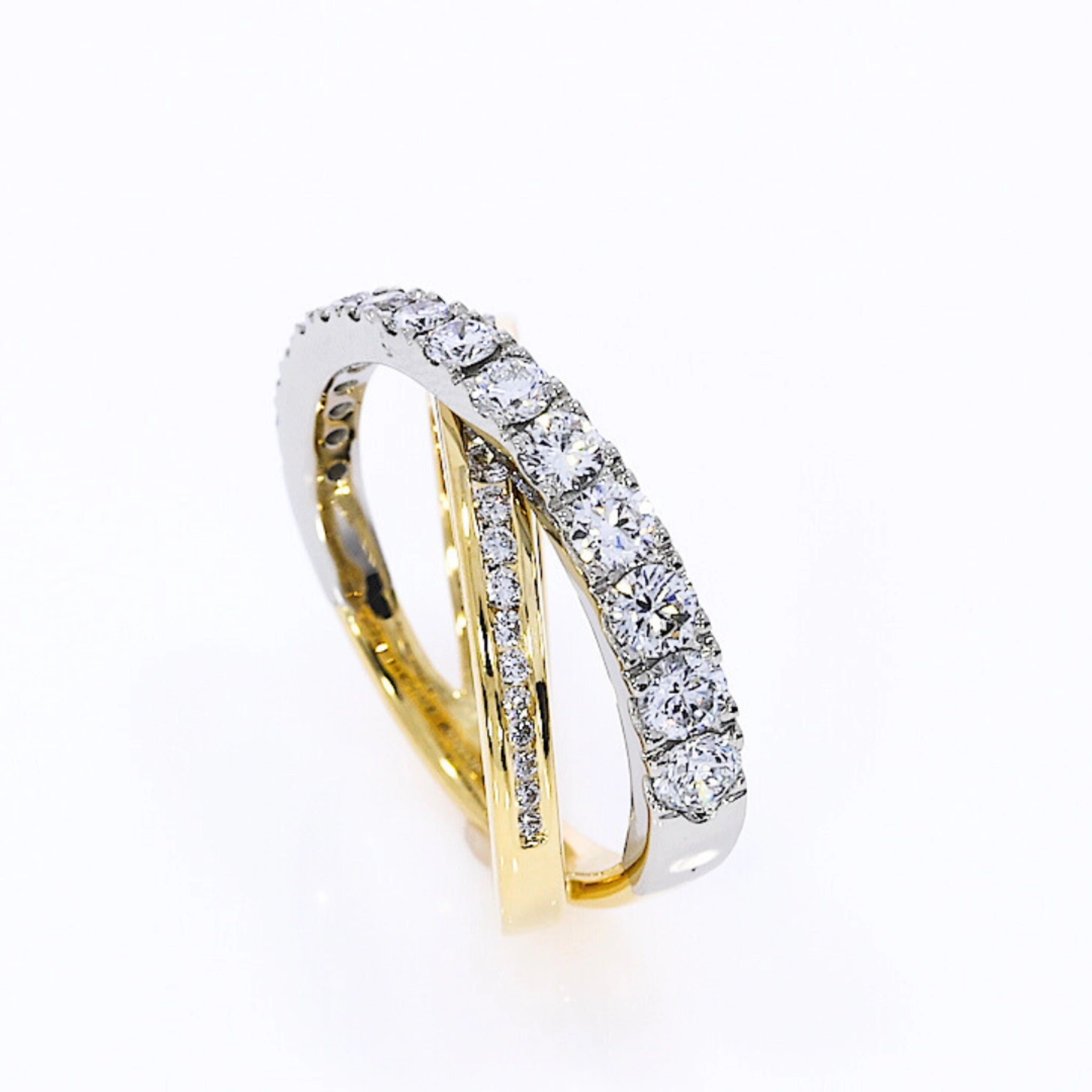 Coco Criss Cross Ring featuring certified diamond rings with platinum and 18ct yellow gold, showcasing brilliant cut diamonds.
