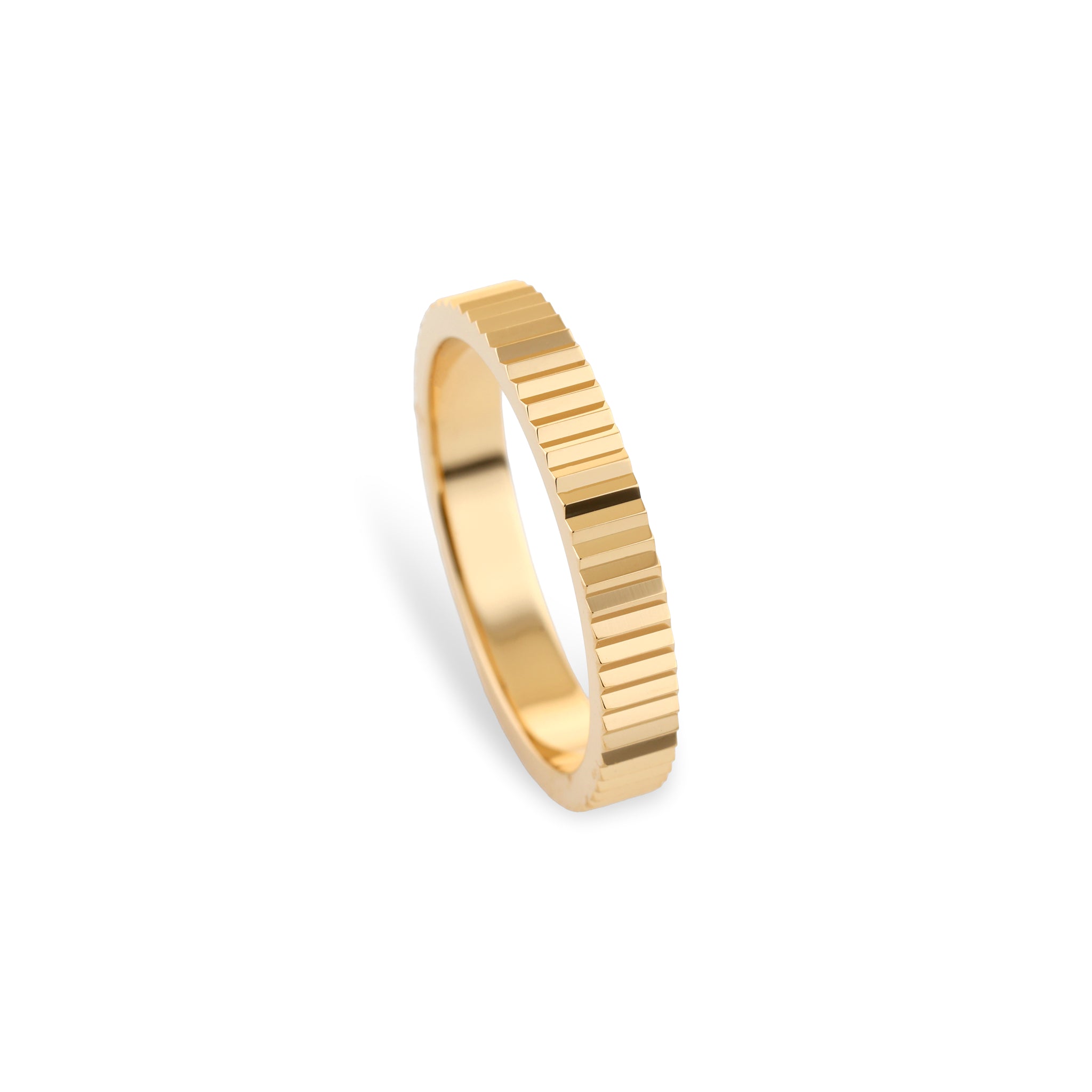Fluted Wedding Band in 18ct yellow gold with a clean fluted texture, ideal as a minimalist ring or diamond ring complement.