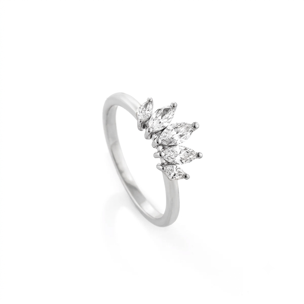 Crown Ring in white gold featuring marquise cut diamonds on a gold band, an elegant diamond ring for weddings.