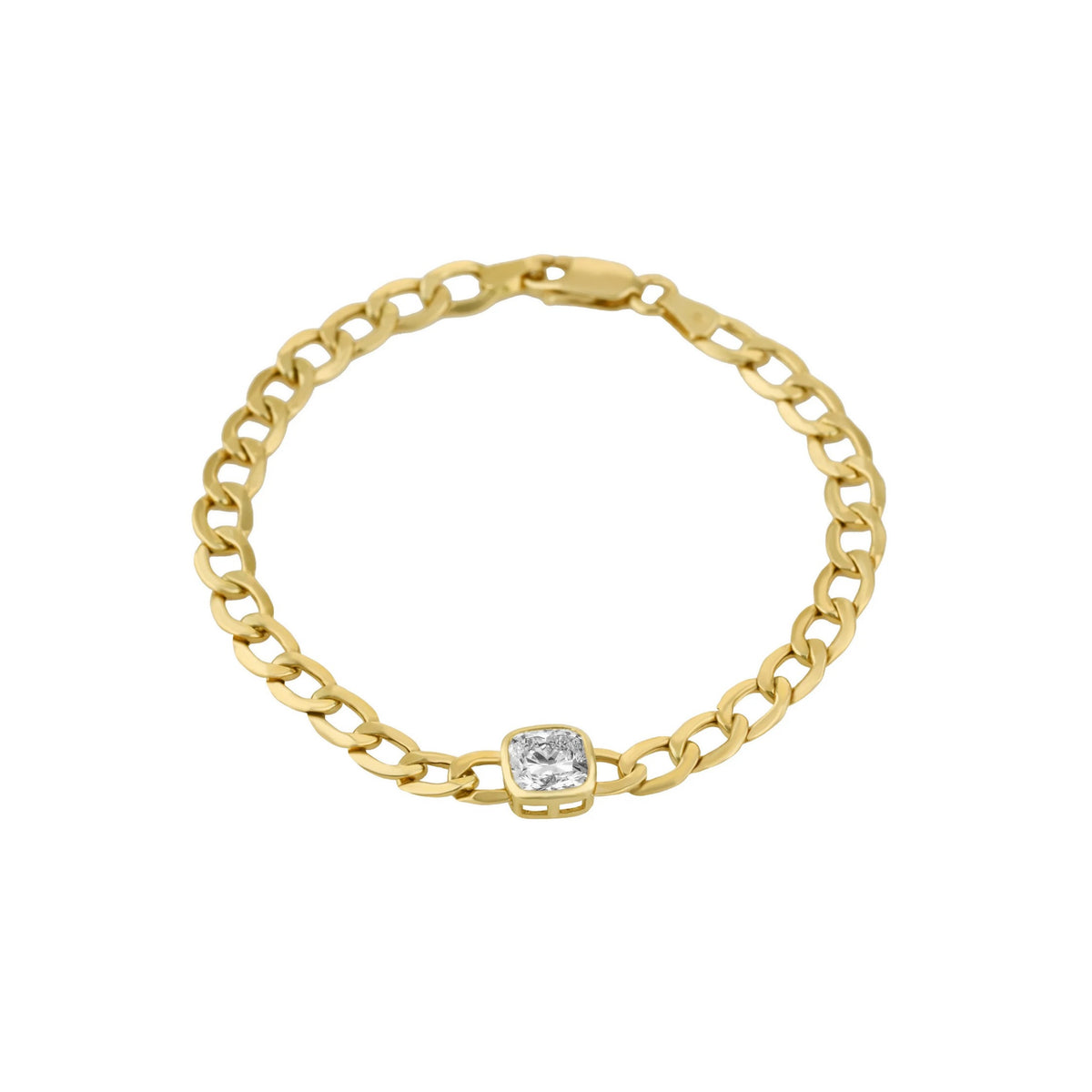 A yellow gold chain gold bracelet with a small cushion cut diamond set in the center, displayed on a clean white background.