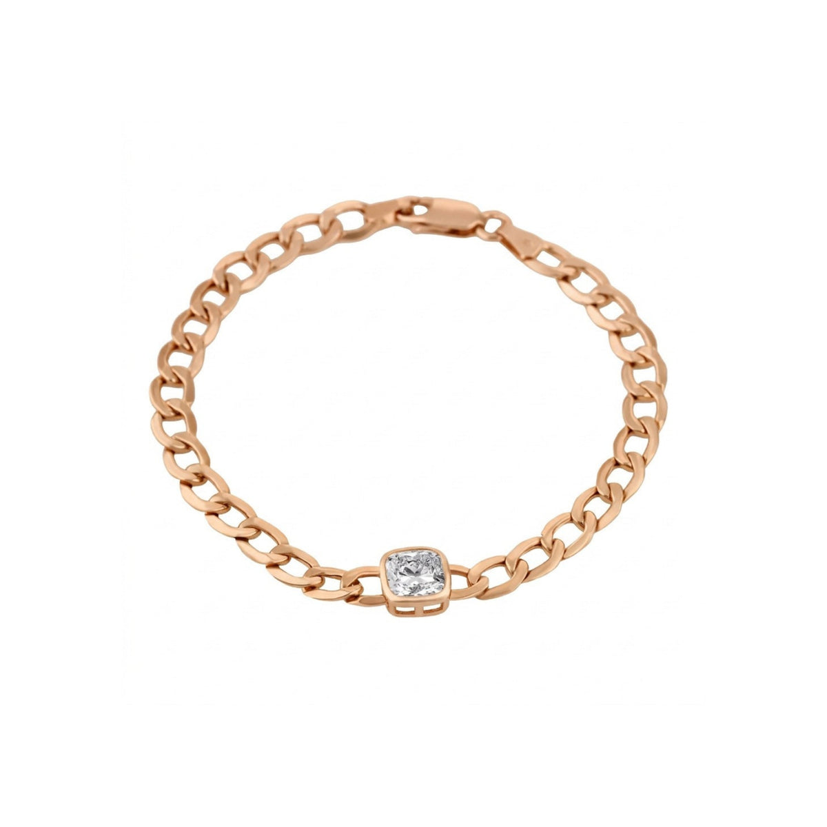 A white gold chain gold bracelet with a small cushion cut diamond set in the center, displayed on a clean white background.
