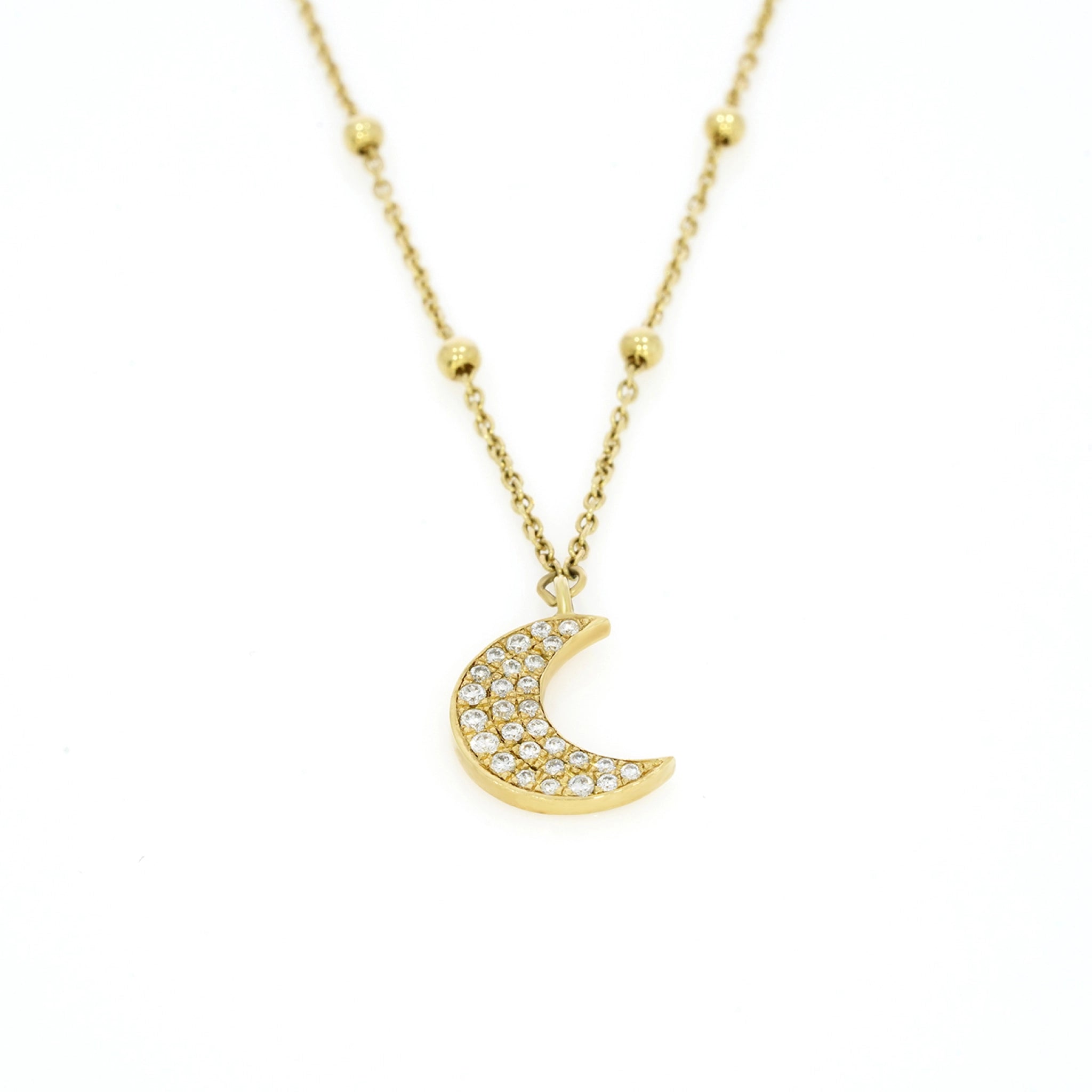 Diamond Moon Necklace featuring certified diamonds on a modern ball chain for elegant sparkle.