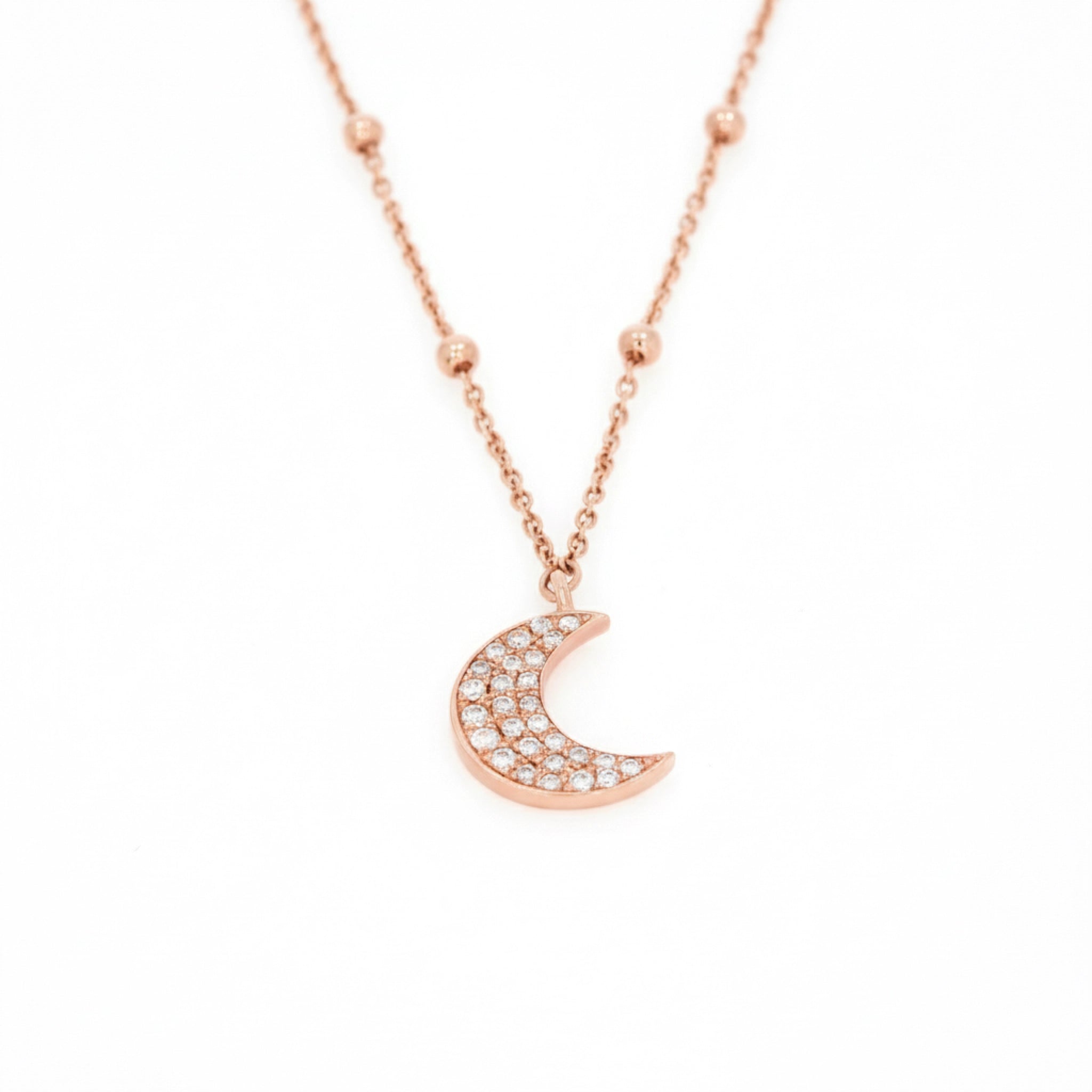 Diamond Moon rose gold Necklace featuring certified diamonds on a modern ball chain for elegant sparkle.